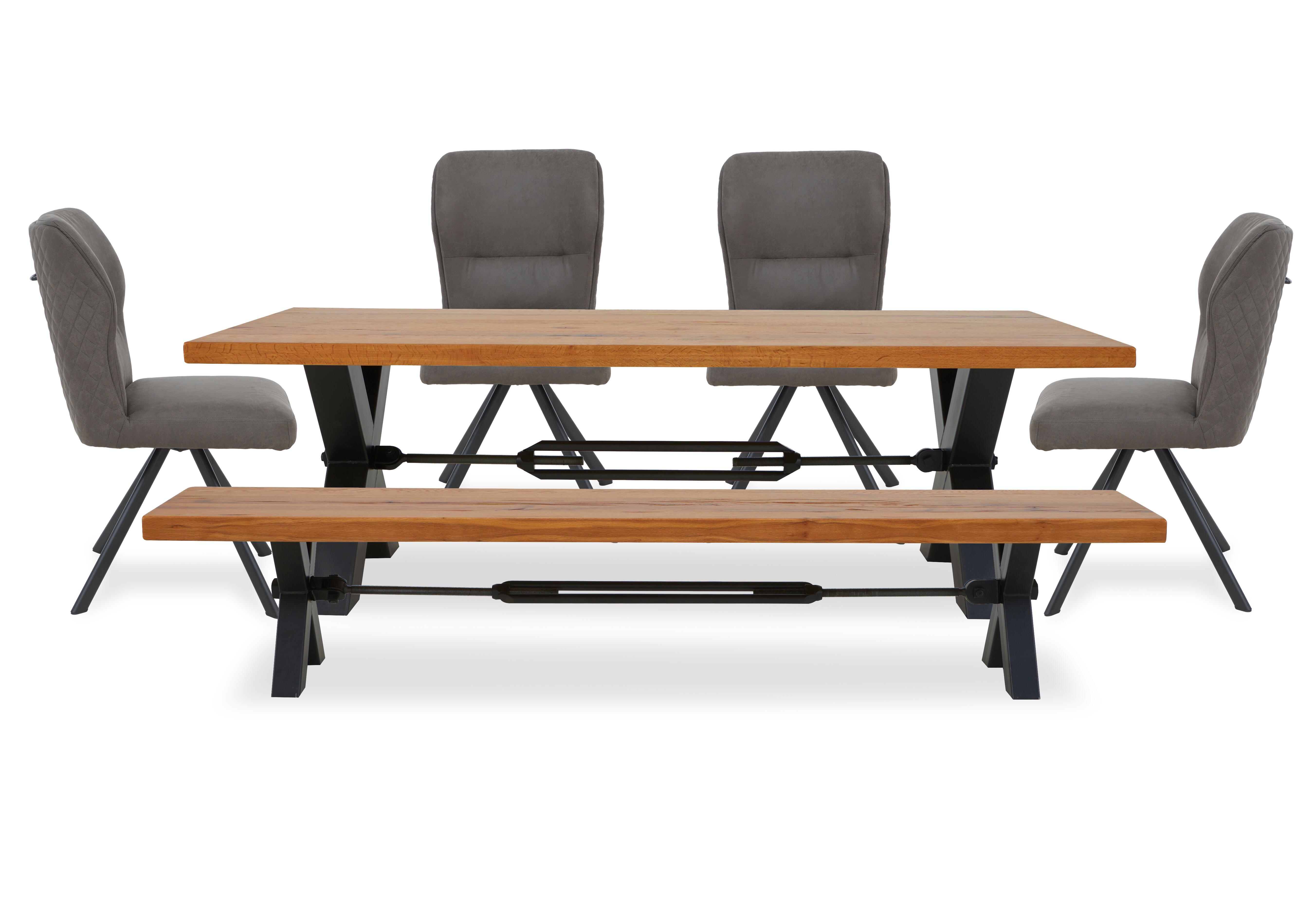 Terra Straight Edge Dining Table with Tension Bolt X-Leg, Dining Bench and 4 Steel Fabric Swivel Dining Chairs in 1 Oil on Furniture Village