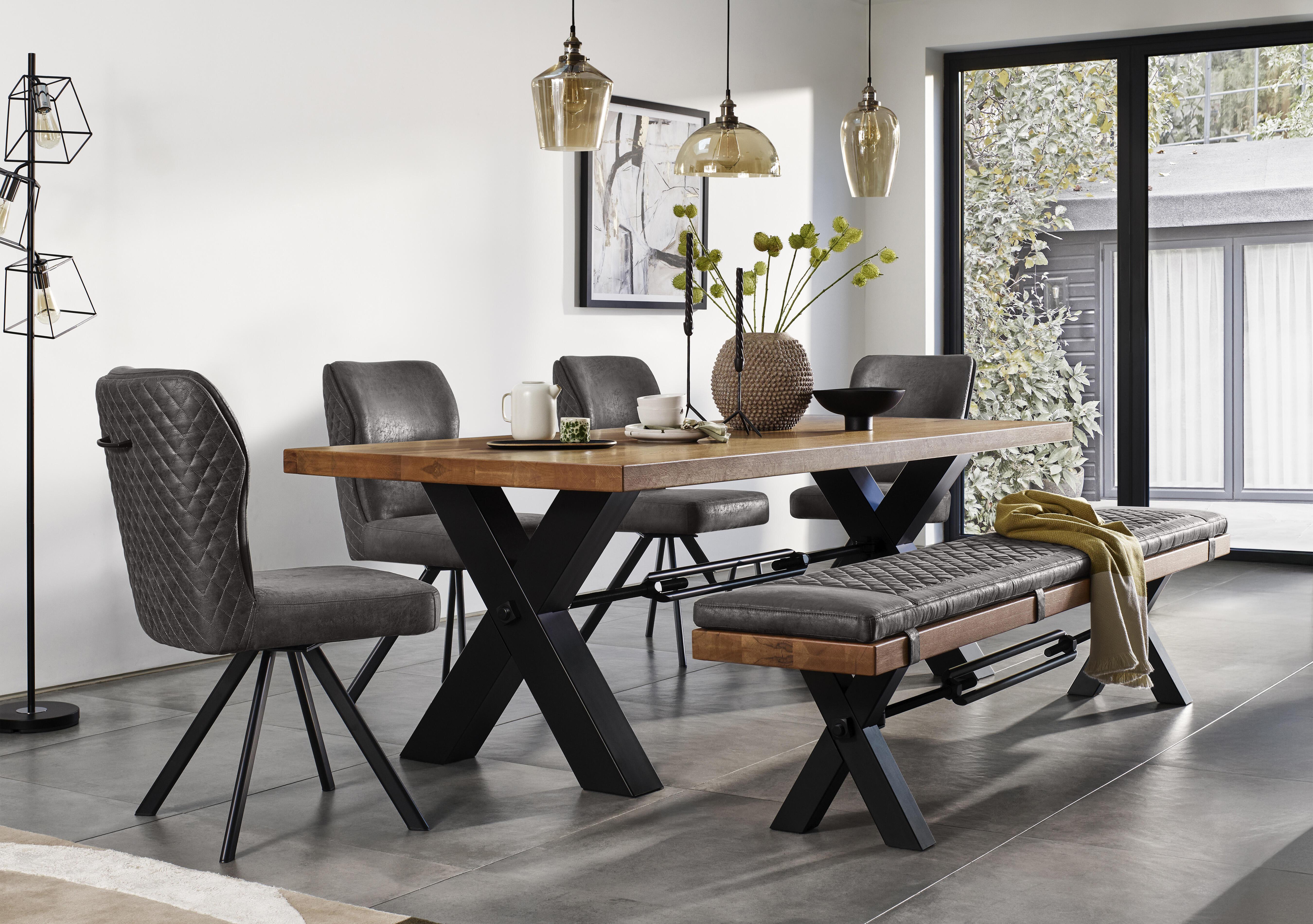 Terra Straight Edge Dining Table with Tension Bolt X-Leg, Dining Bench and 4 Steel Fabric Swivel Dining Chairs in  on Furniture Village