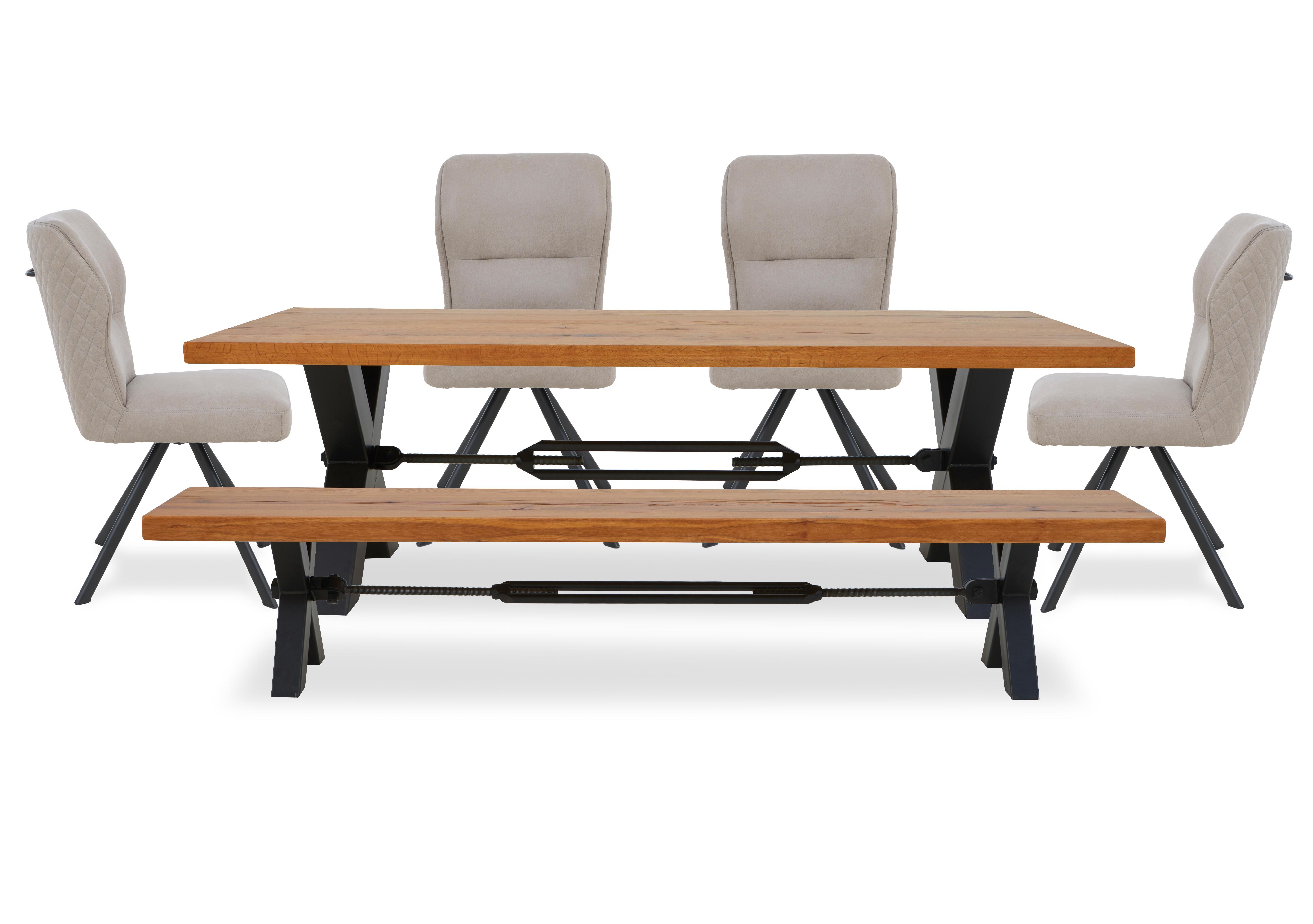 Terra Straight Edge Dining Table with Tension Bolt X-Leg, Dining Bench and 4 Taupe Fabric Swivel Dining Chairs in 1 Oil on Furniture Village