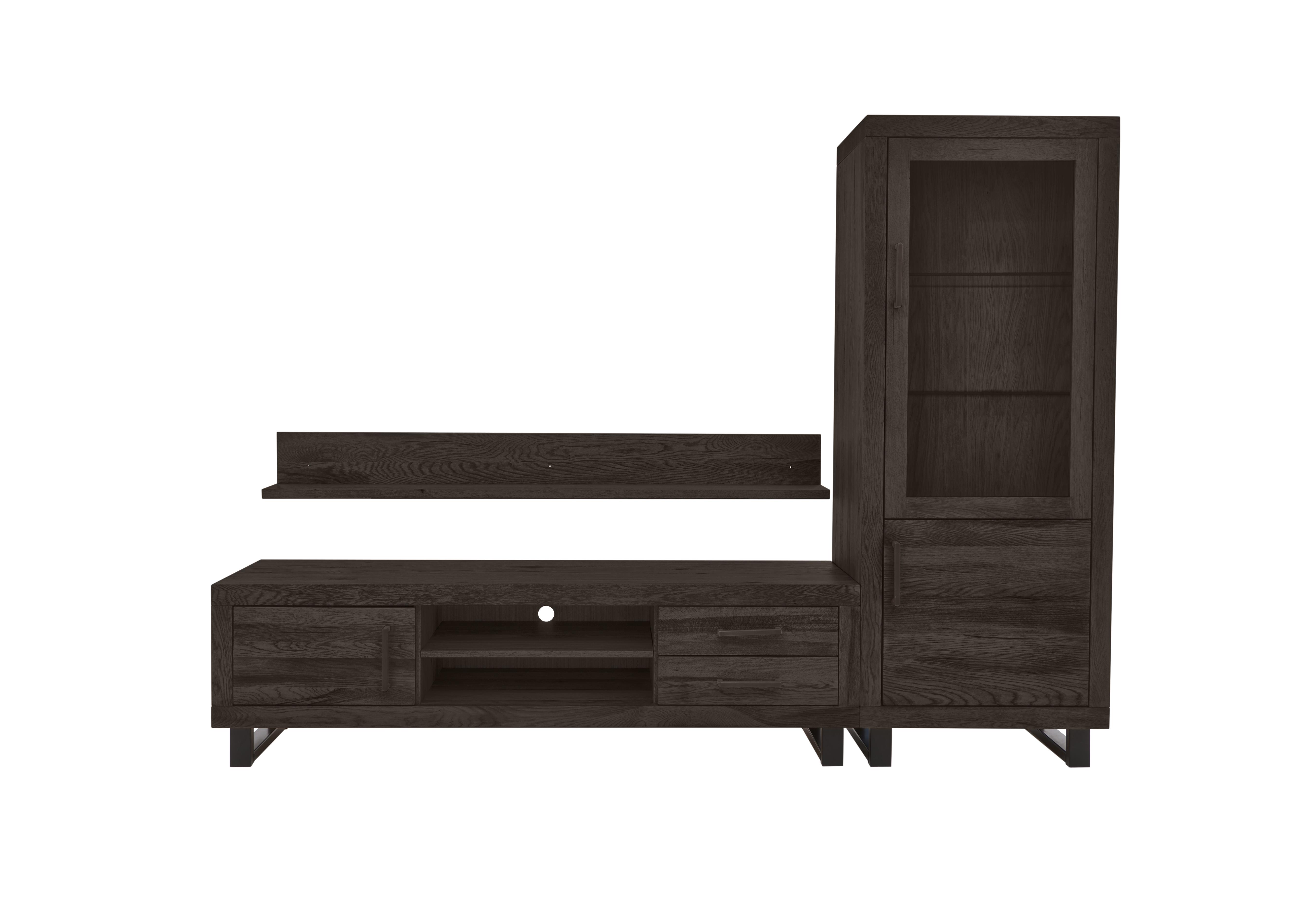 Terra Large Media Set with Large TV Unit, Small Right Hand Facing Display Cabinet and 180cm Wall Shelf in 2 Smoked on Furniture Village