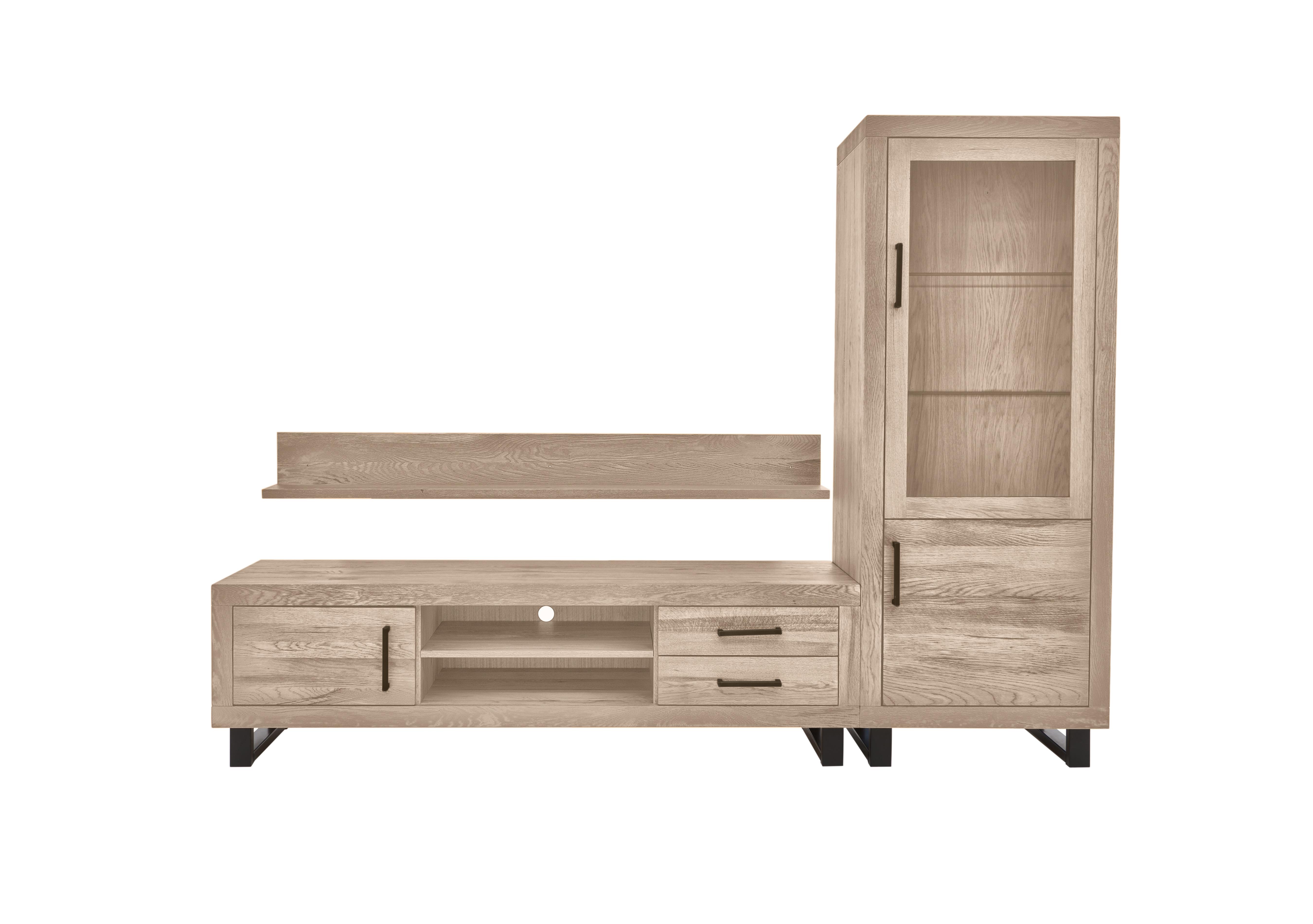 Terra Large Media Set with Large TV Unit, Small Right Hand Facing Display Cabinet and 180cm Wall Shelf in 8 Vintage Grey on Furniture Village