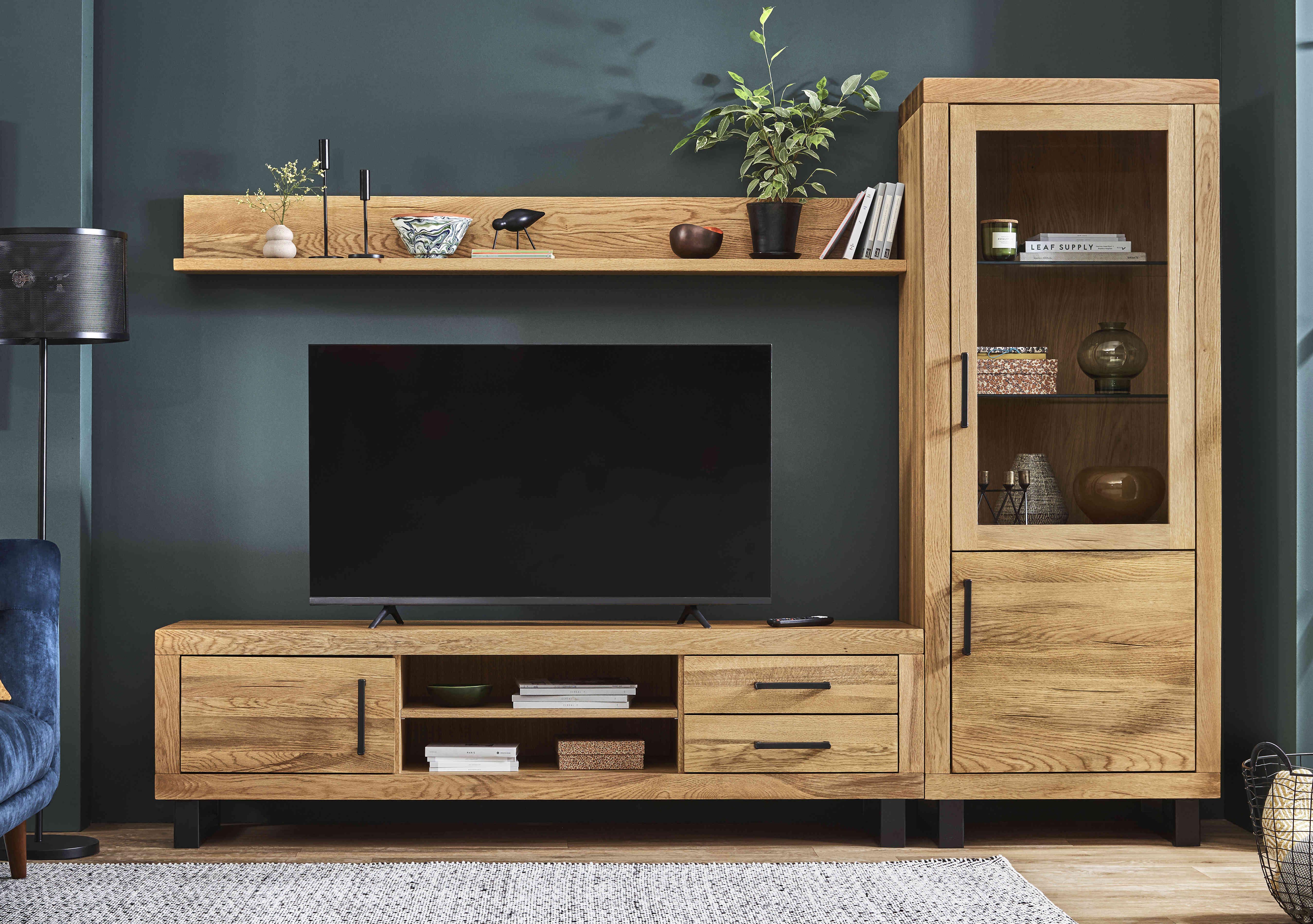 Terra Large Media Set with Large TV Unit, Small Right Hand Facing Display Cabinet and 180cm Wall Shelf in  on Furniture Village