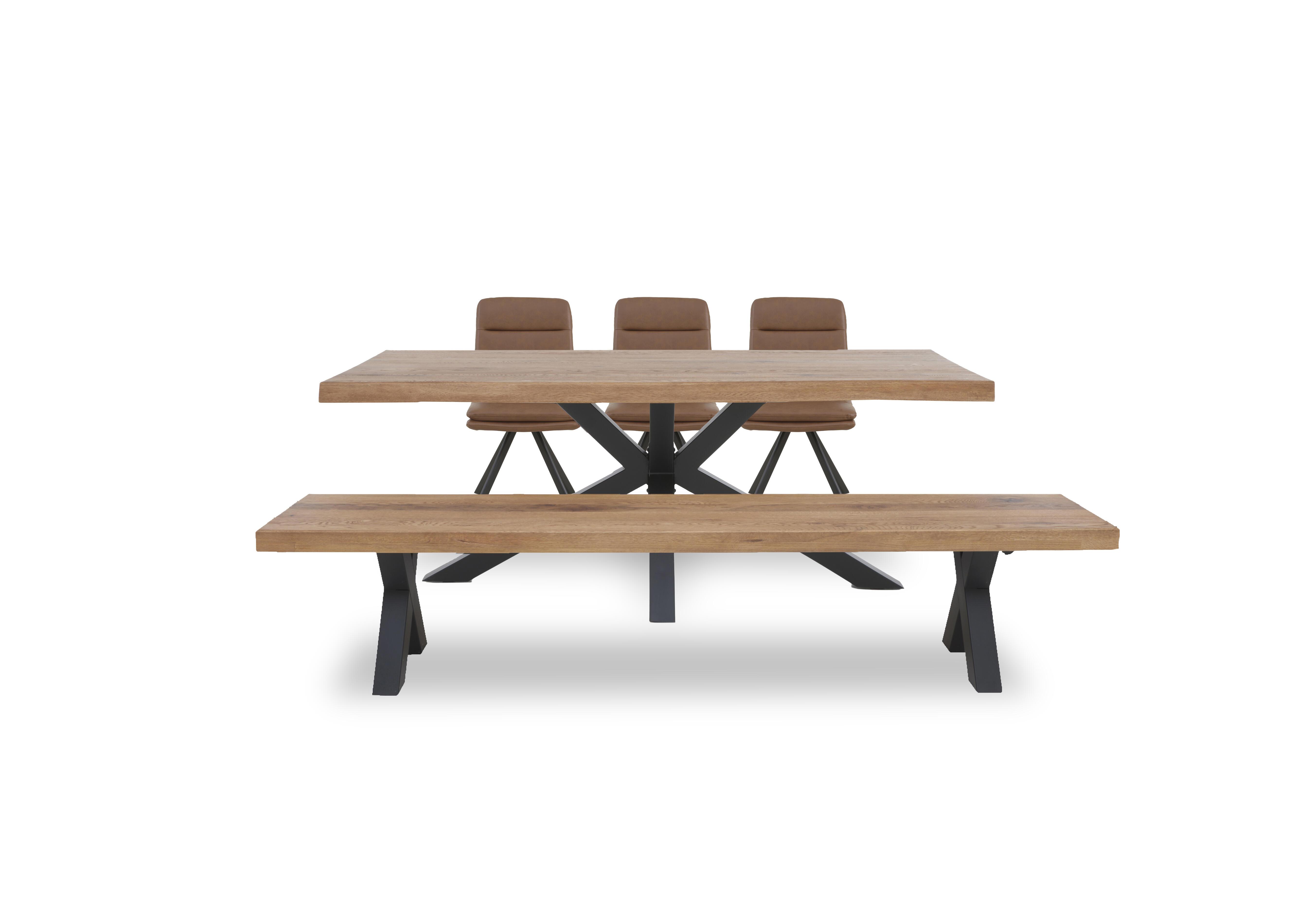 Njord Raw Edge Dining Table with Metal Star Base, Dining Bench and 3 Tan Faux Leather Swivel Dining Chairs in 6 Old Bassano on Furniture Village