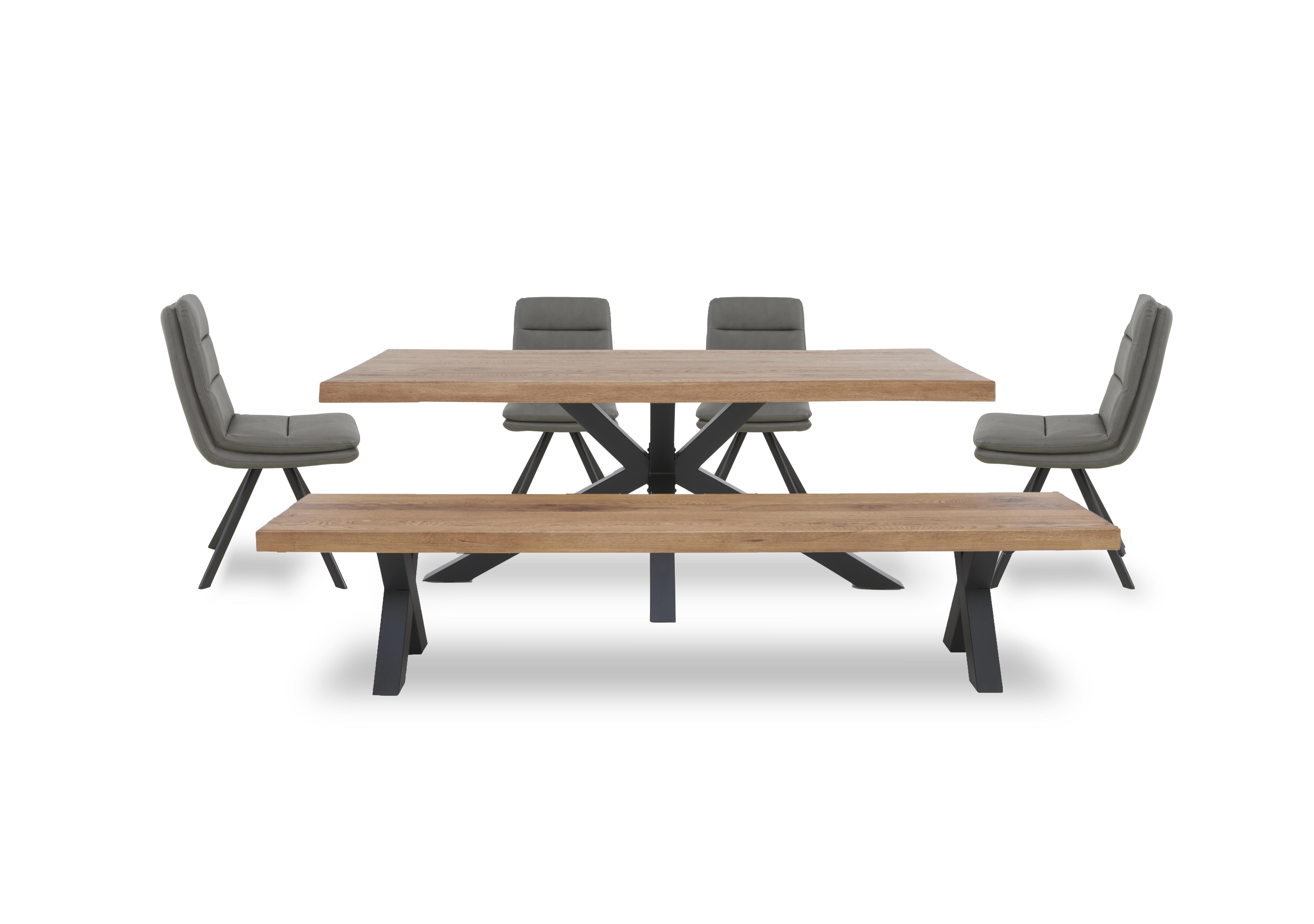 Njord Raw Edge Dining Table with Metal Star Base, Dining Bench and 4 Grey Faux Leather Swivel Dining Chairs in 6 Old Bassano on Furniture Village