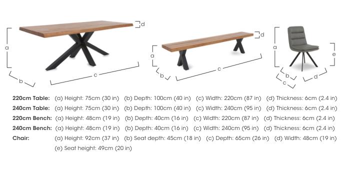 Njord Raw Edge Dining Table with Metal Star Base, Dining Bench and 4 Grey Faux Leather Swivel Dining Chairs in  on Furniture Village
