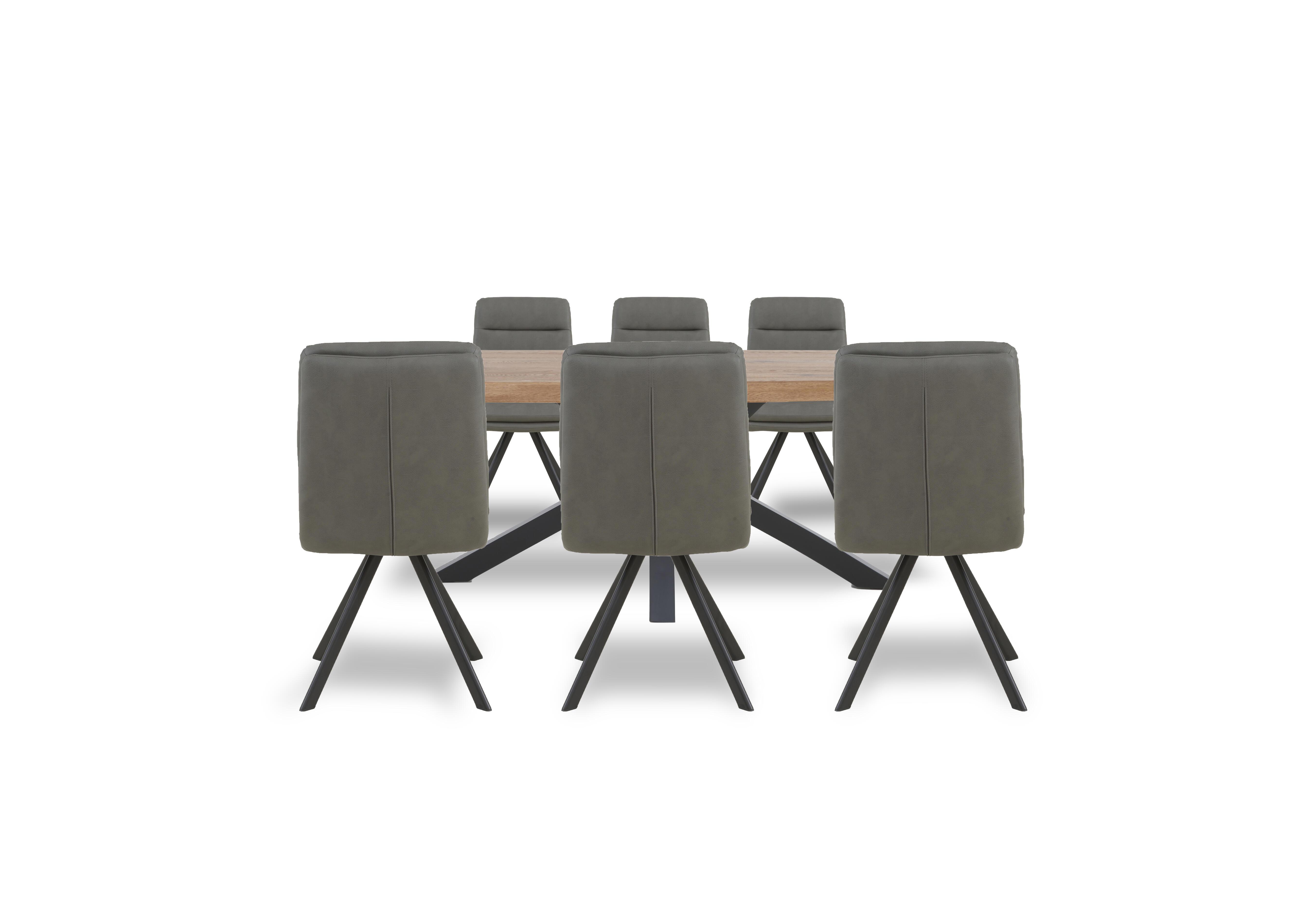 Njord 160cm Compact Raw Edge Dining Table with Metal Star Base and 6 Grey Faux Leather Swivel Dining Chairs in 6 Old Bassano on Furniture Village