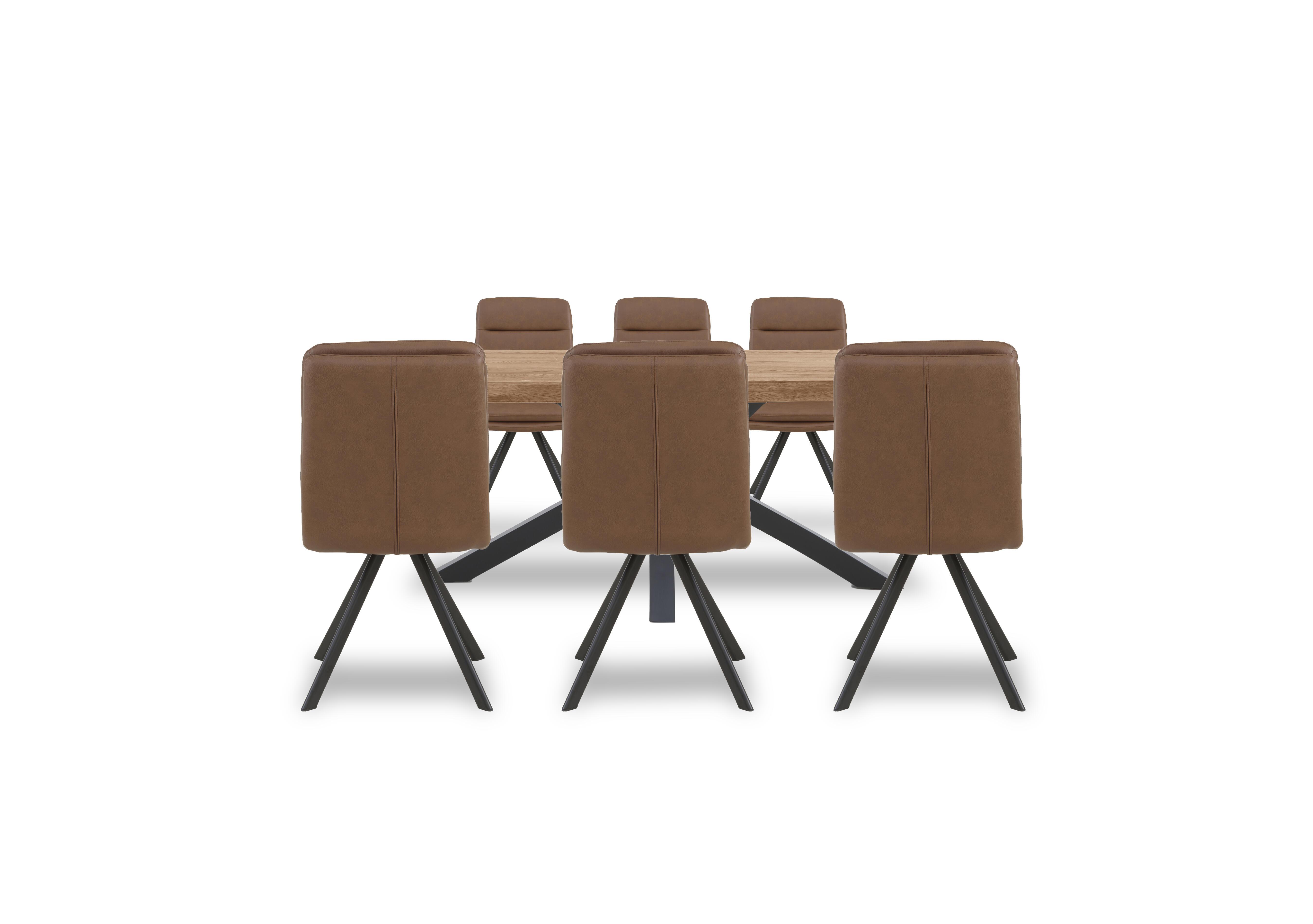 Njord Raw Edge Dining Table with Metal Star Base and 6 Tan Faux Leather Swivel Dining Chairs in 33 Storm Wood on Furniture Village