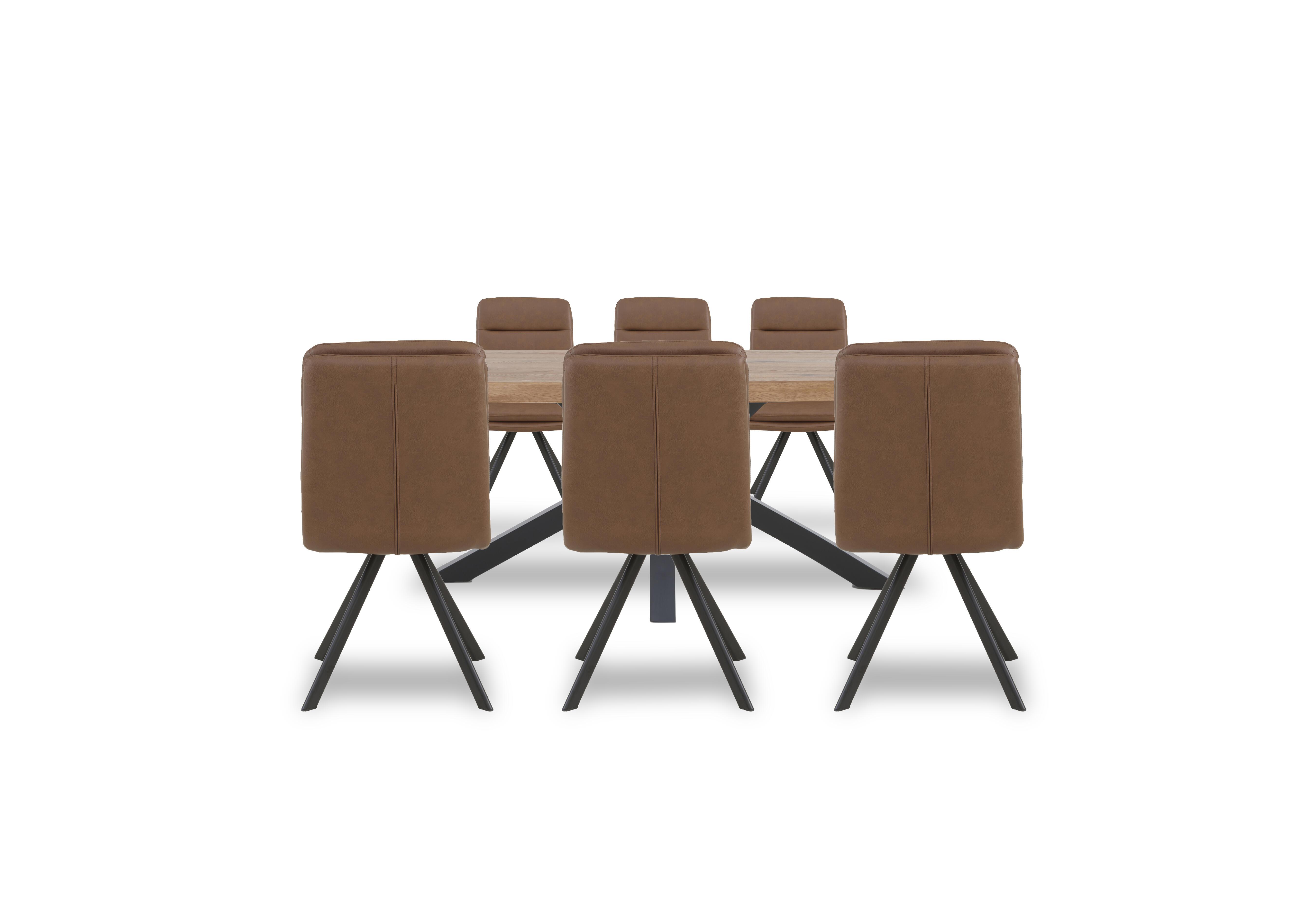 Njord Raw Edge Dining Table with Metal Star Base and 6 Tan Faux Leather Swivel Dining Chairs in 6 Old Bassano on Furniture Village