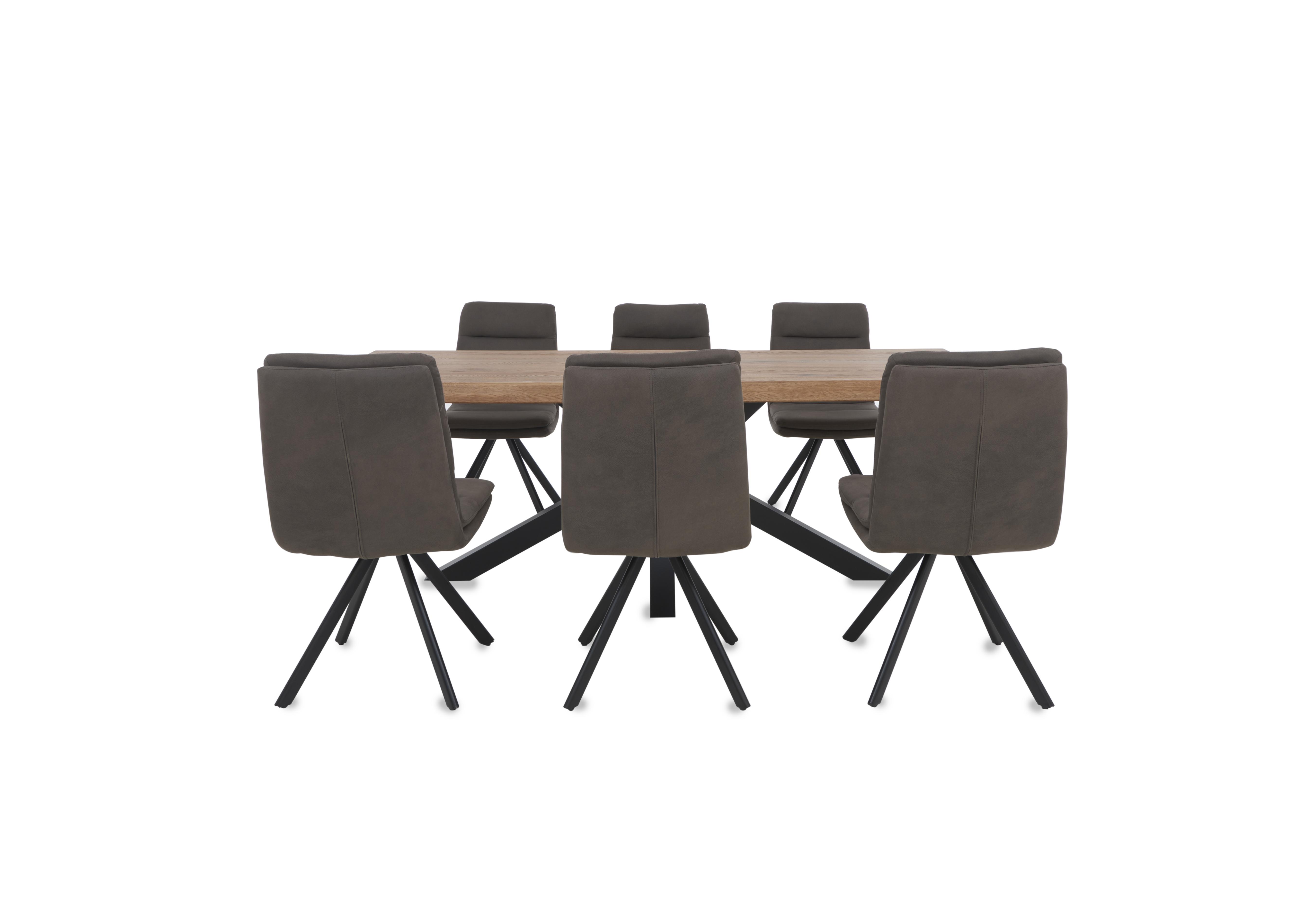 Njord Raw Edge Dining Table with Metal Star Base and 6 Anthracite Fabric Swivel Dining Chairs in 6 Old Bassano on Furniture Village