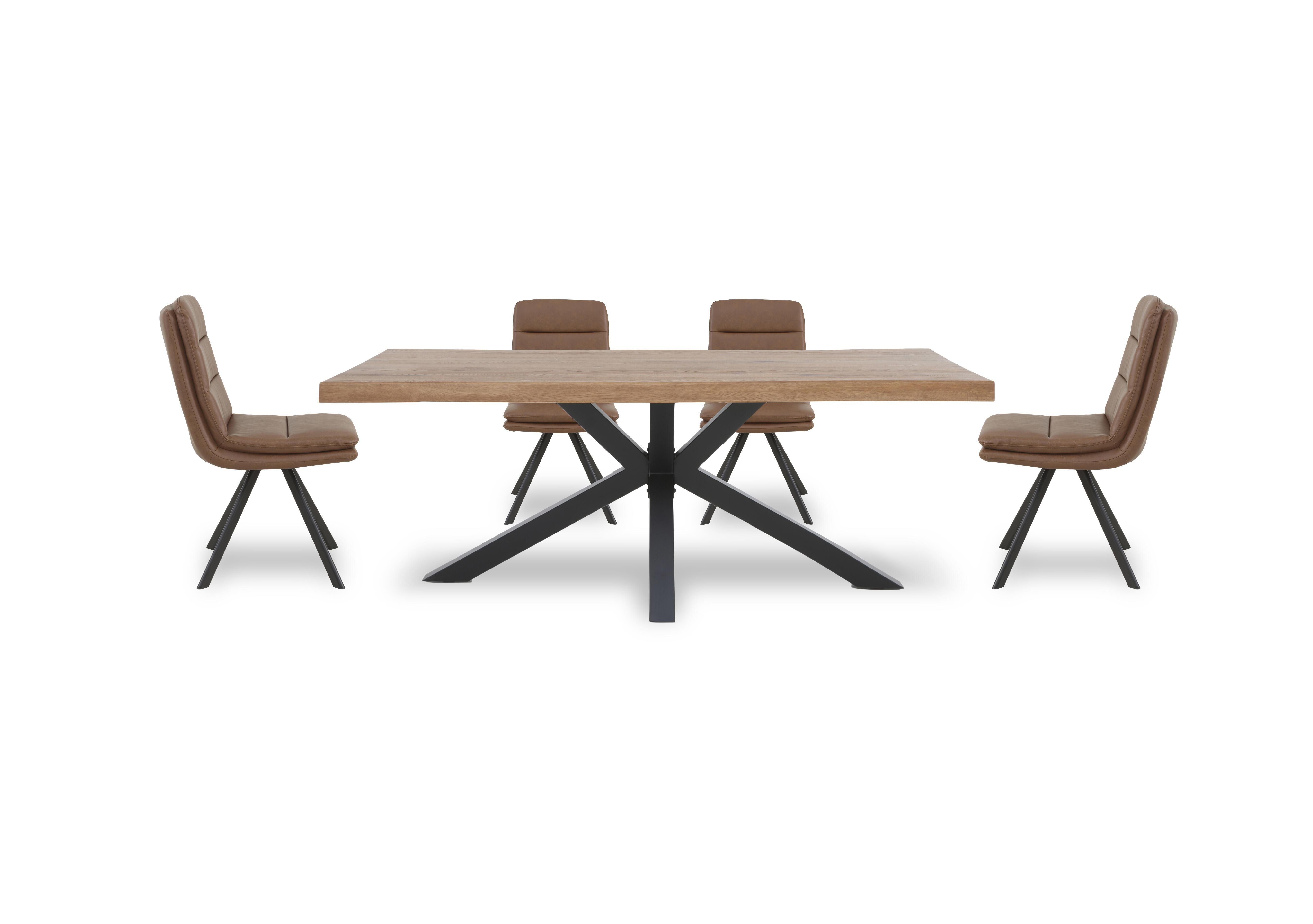 Njord 160cm Compact Raw Edge Dining Table with Metal Star Base and 4 Tan Faux Leather Swivel Dining Chairs in 6 Old Bassano on Furniture Village