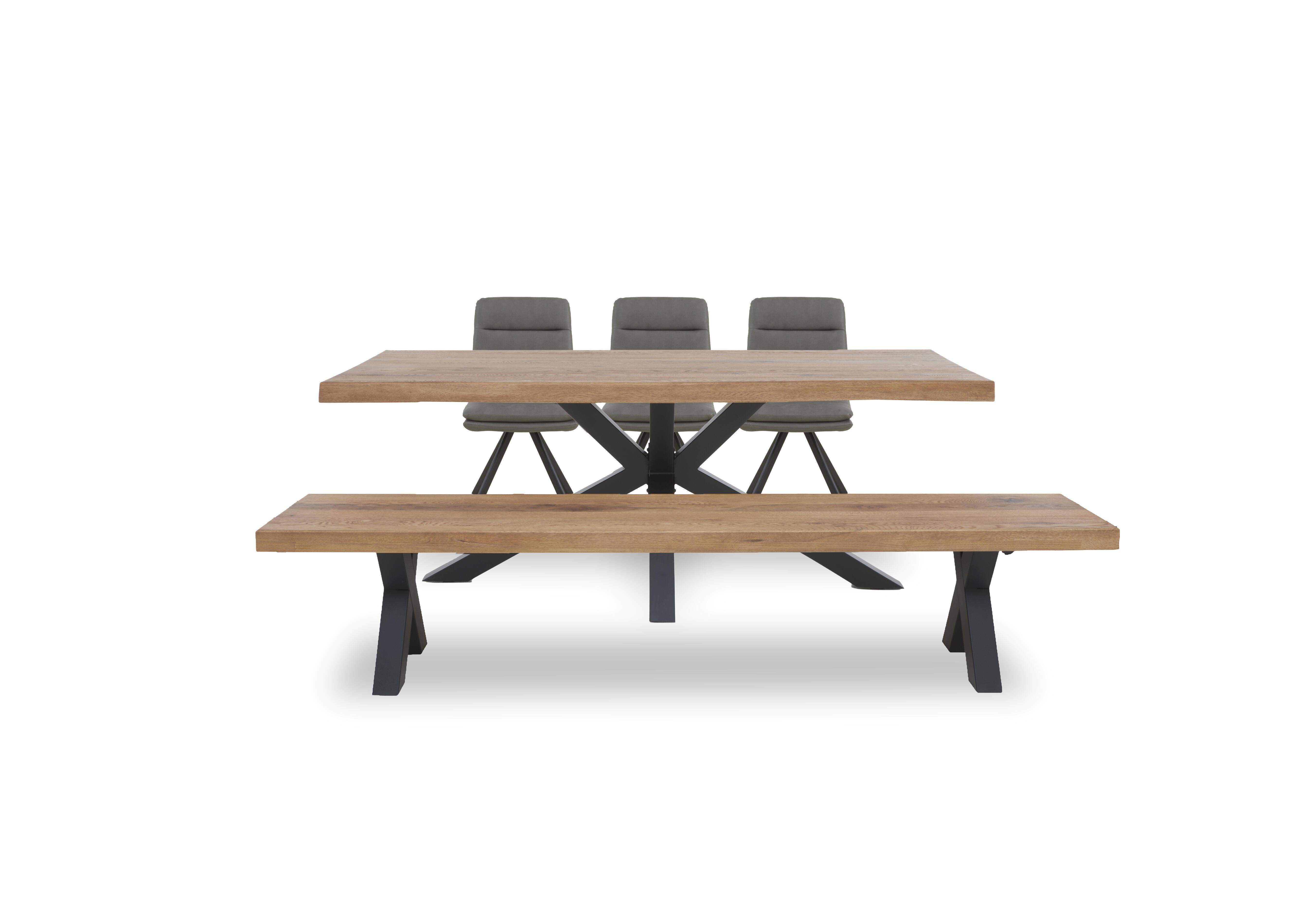 Njord Raw Edge Dining Table with Metal Star Base, Dining Bench and 3 Grey Faux Leather Swivel Dining Chairs in 6 Old Bassano on Furniture Village