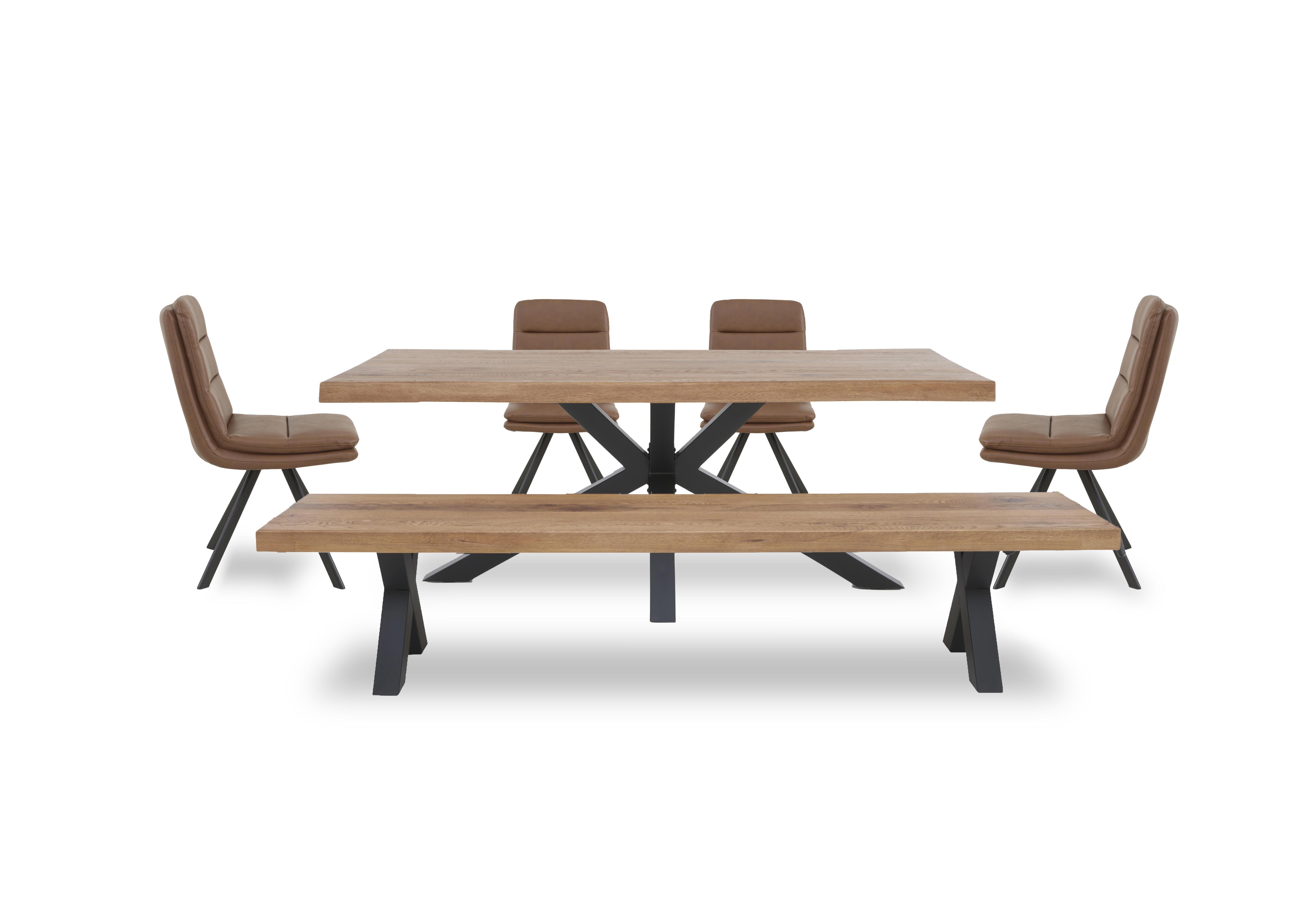 Njord Raw Edge Dining Table with Metal Star Base, Dining Bench and 4 Tan Faux Leather Swivel Dining Chairs in 6 Old Bassano on Furniture Village