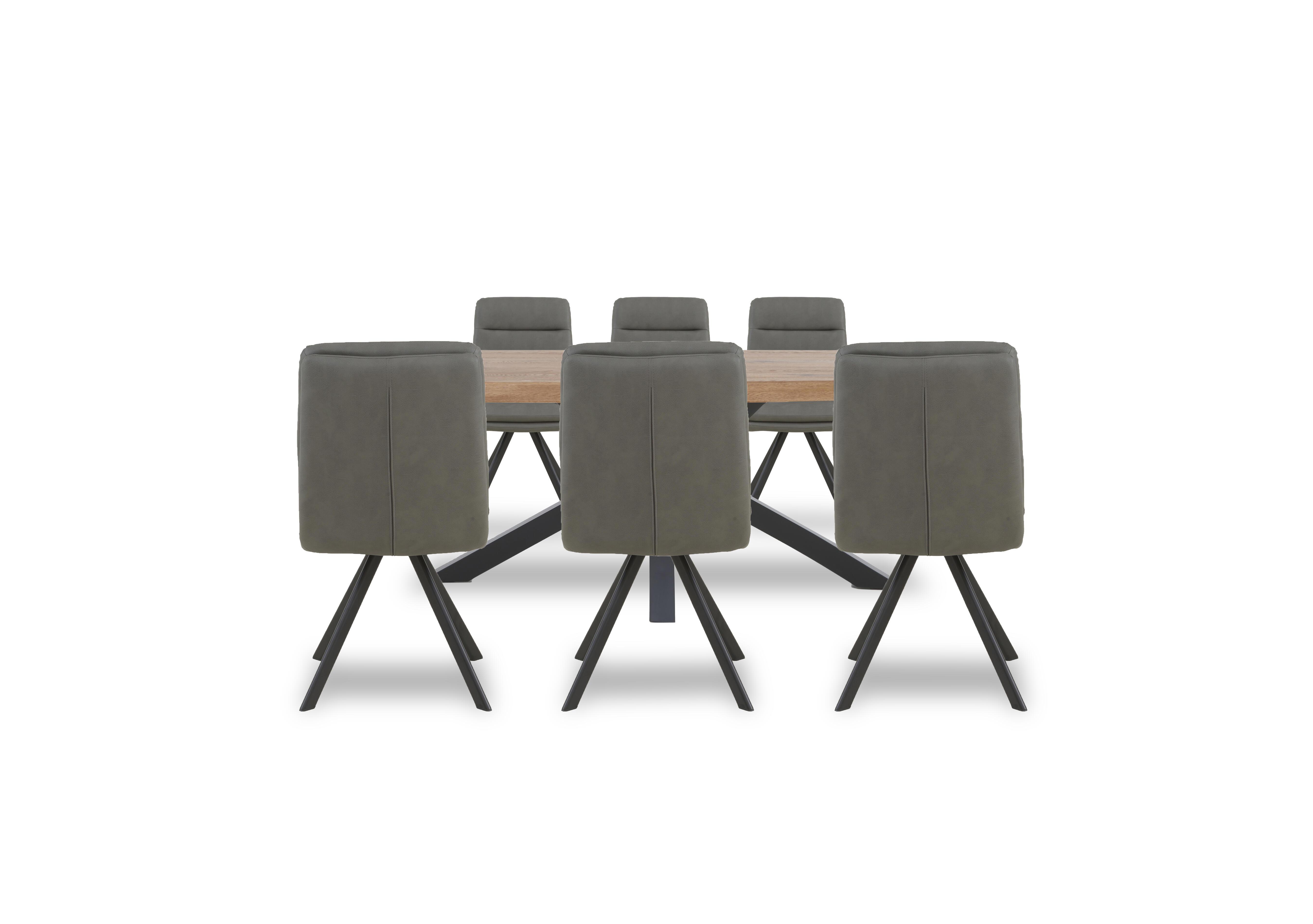 Njord Raw Edge Dining Table with Metal Star Base and 6 Grey Faux Leather Swivel Dining Chairs in 6 Old Bassano on Furniture Village