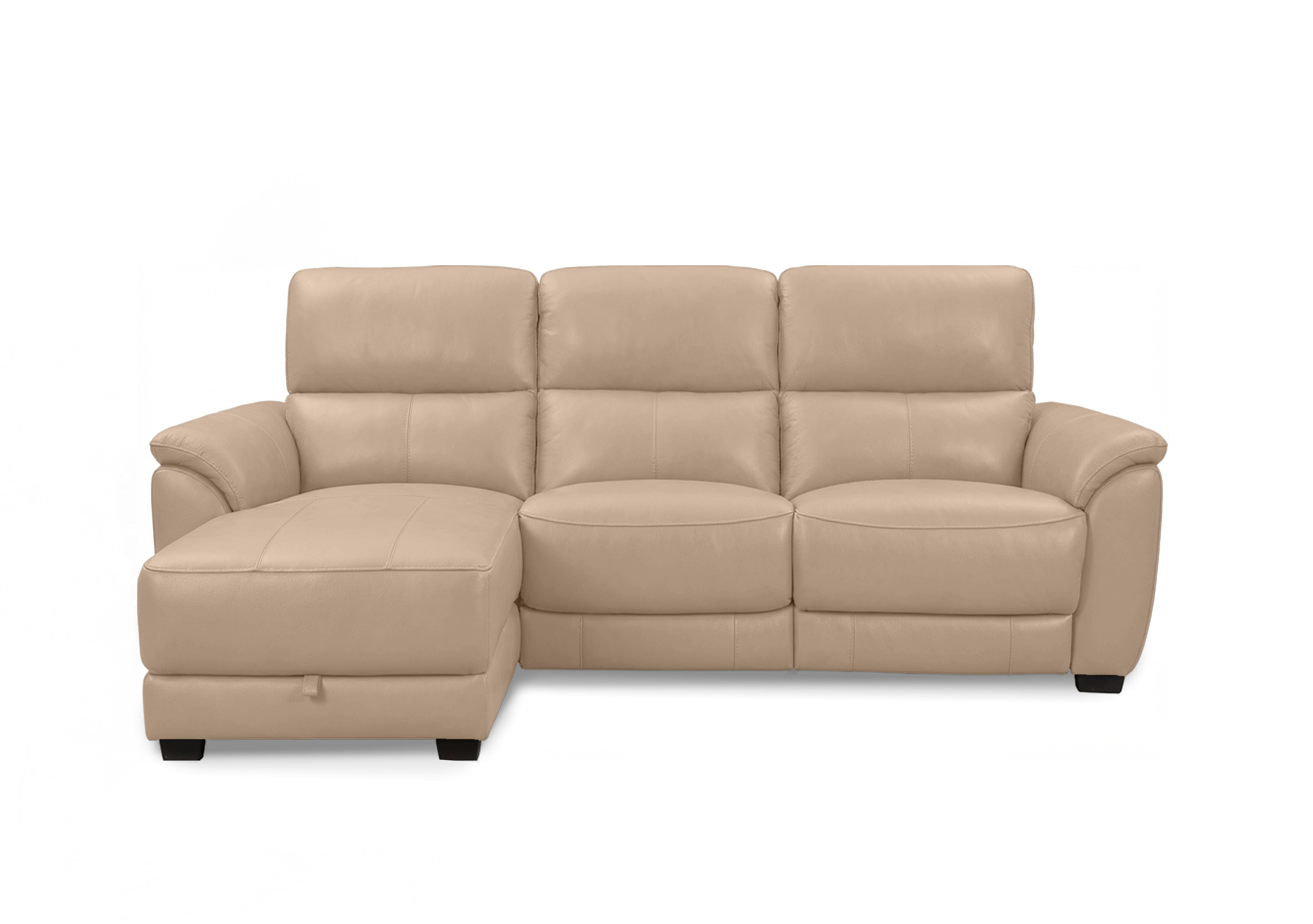 Saffron Leather 3 Seater Sofa with Storage Chaise End in Bv-039c Pebble on Furniture Village