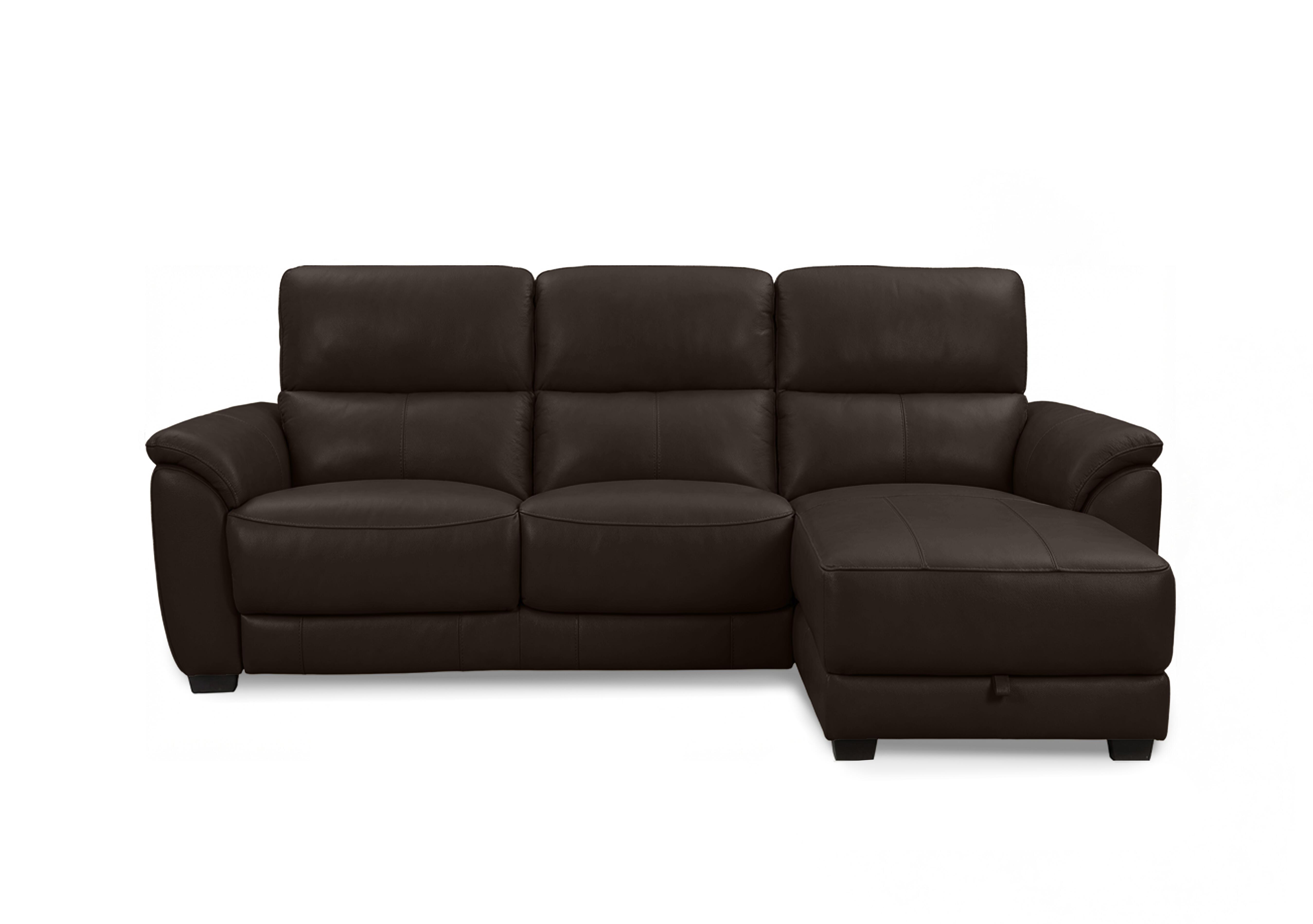 Saffron Leather 3 Seater Sofa with Storage Chaise End in Bv-1748 Dark Chocolate on Furniture Village