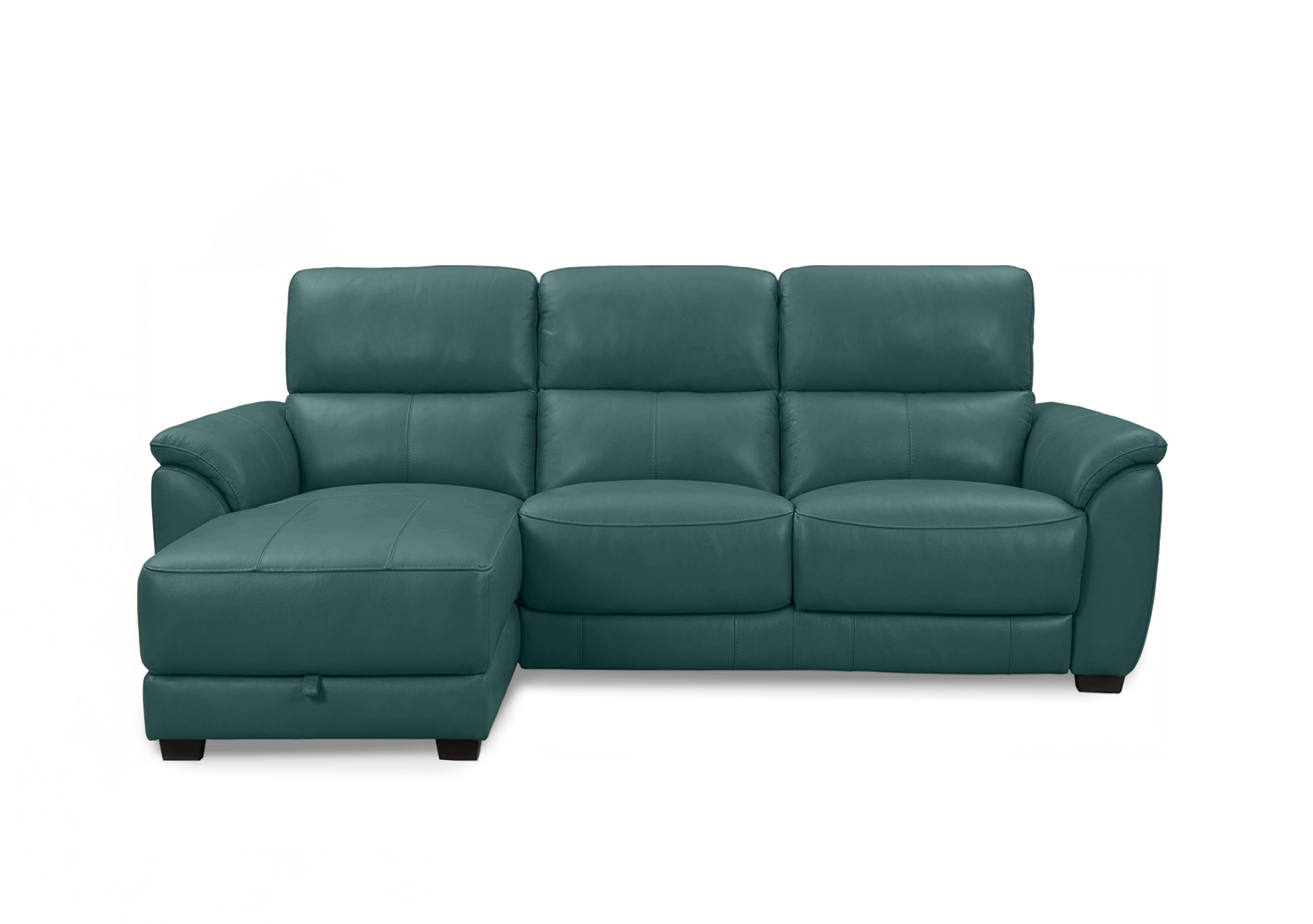 Saffron Leather 3 Seater Sofa with Storage Chaise End in Bv-301e Lake Green on Furniture Village