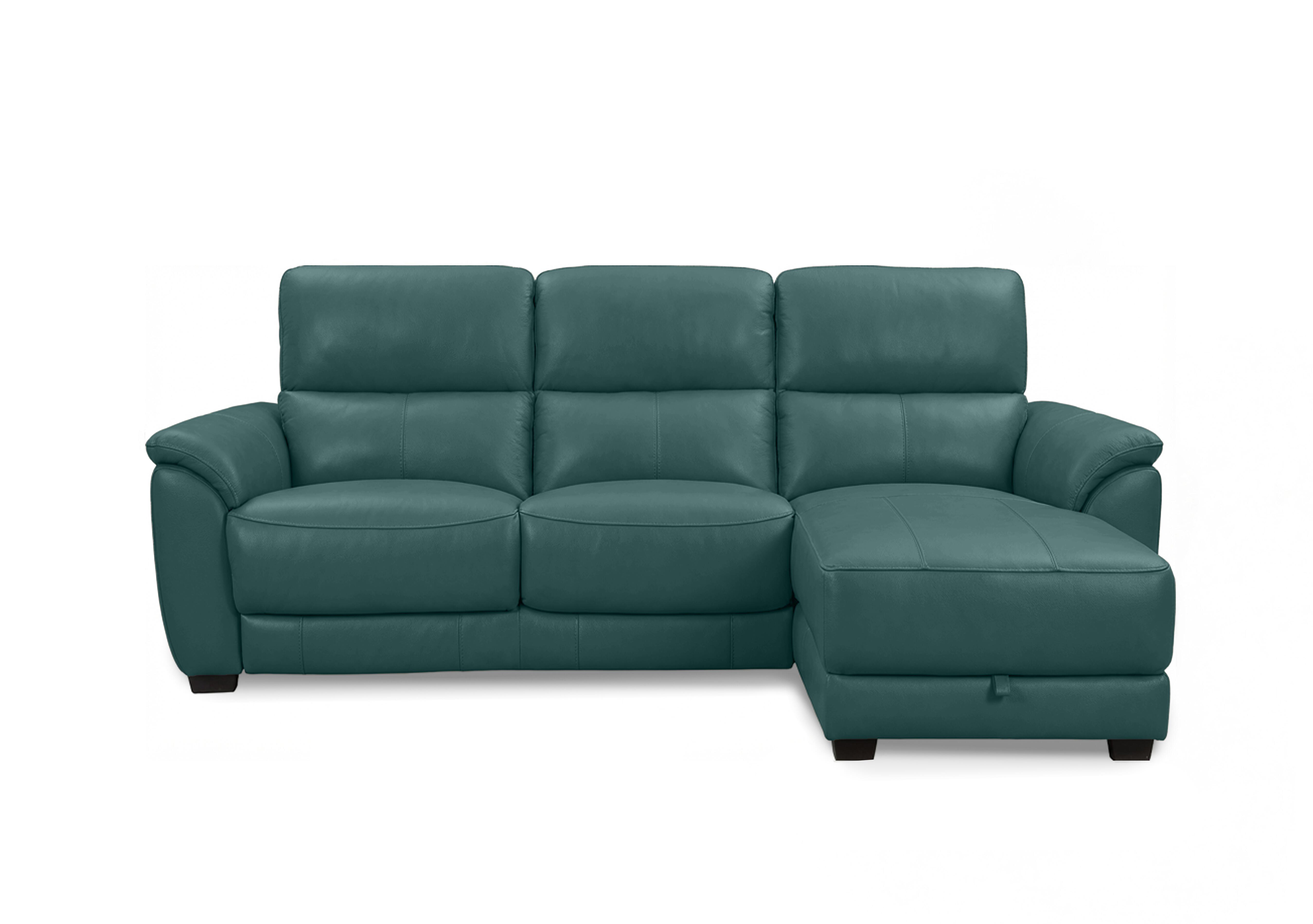 Saffron Leather 3 Seater Sofa with Storage Chaise End in Bv-301e Lake Green on Furniture Village