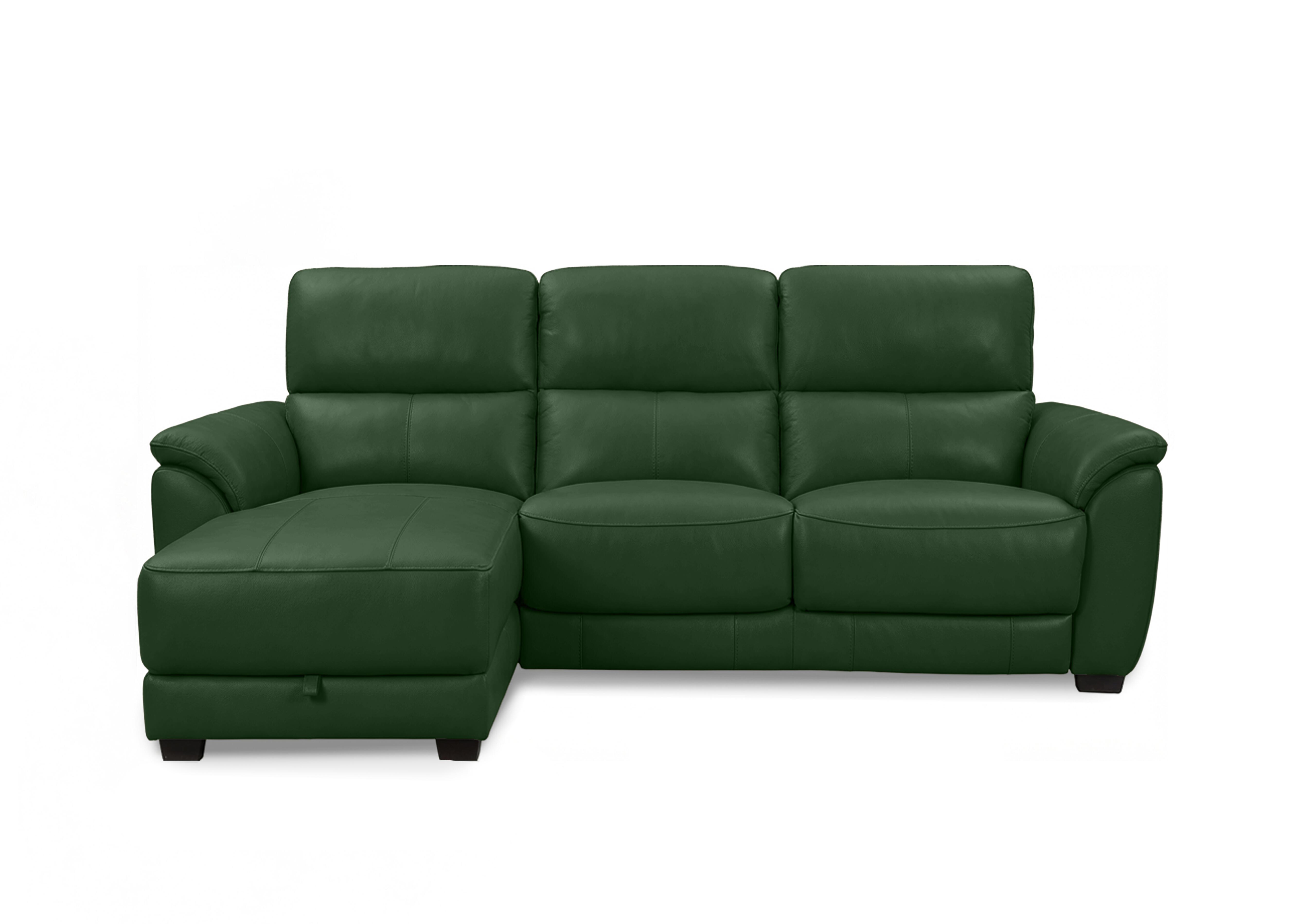 Saffron Leather 3 Seater Sofa with Storage Chaise End in Bv-371e Chive Green on Furniture Village