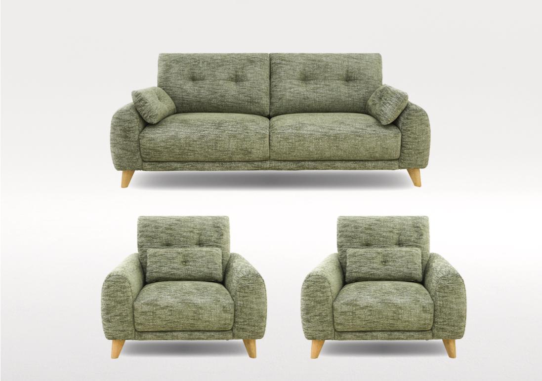 Malmo Fabric 3 Seater Sofa and Two Fabric Armchairs Set in Fab-Mga-R11 Olive Green on Furniture Village