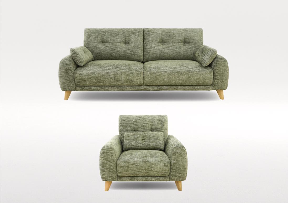 Malmo Fabric 3 Seater Sofa and Fabric Armchair Set in Fab-Mga-R11 Olive Green on Furniture Village