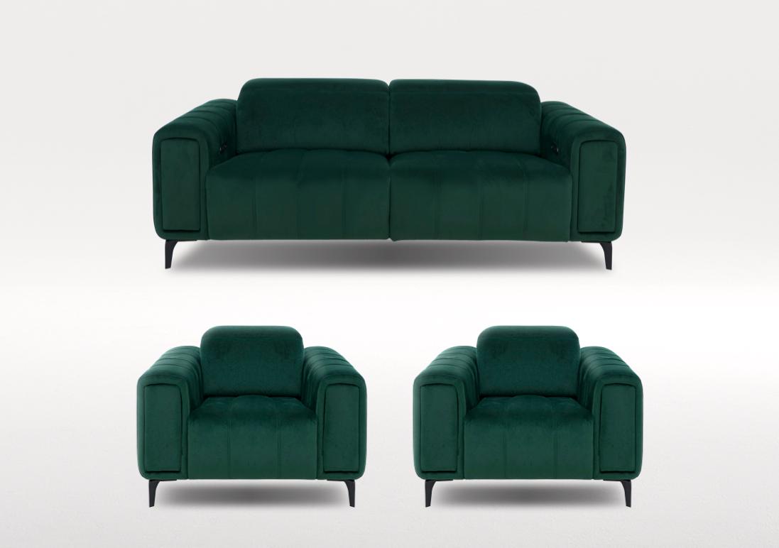 Elphaba Fabric 3 Seater Sofa and Two Armchairs Set with Power Recliners and Storage Arms in Opulence Bottle Green 51011 on Furniture Village
