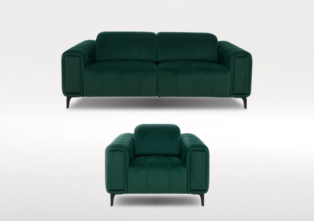 Elphaba Fabric 3 Seater Sofa and Armchair Set with Power Recliners and Storage Arms in Opulence Bottle Green 51011 on Furniture Village