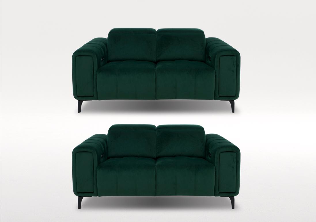 Elphaba Two 2 Seater Fabric Sofas with Power Recliners and Storage Arms in Opulence Bottle Green 51011 on Furniture Village