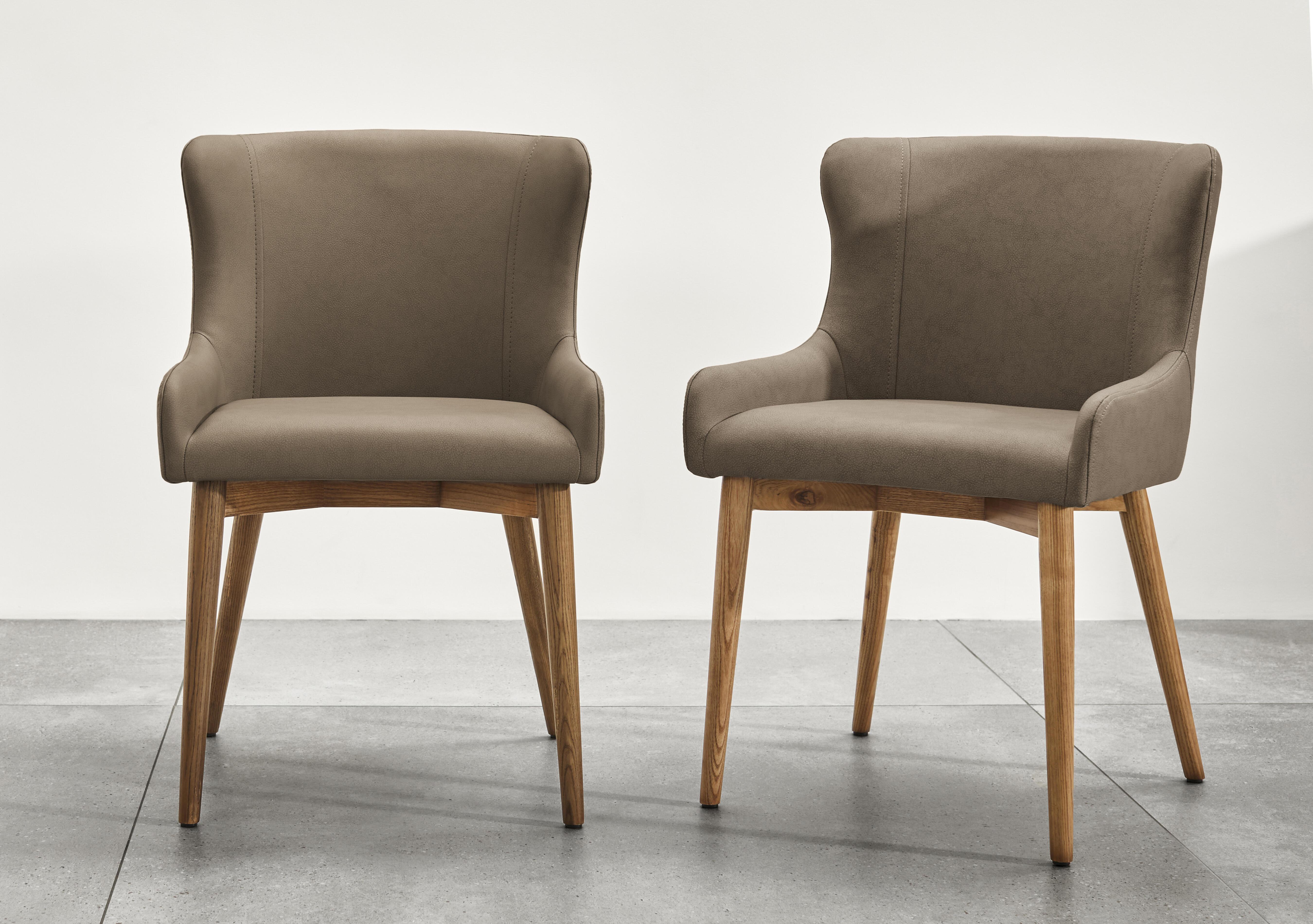 Sansa Pair of Faux Leather Dining Chairs with Wooden Legs in Taupe on Furniture Village