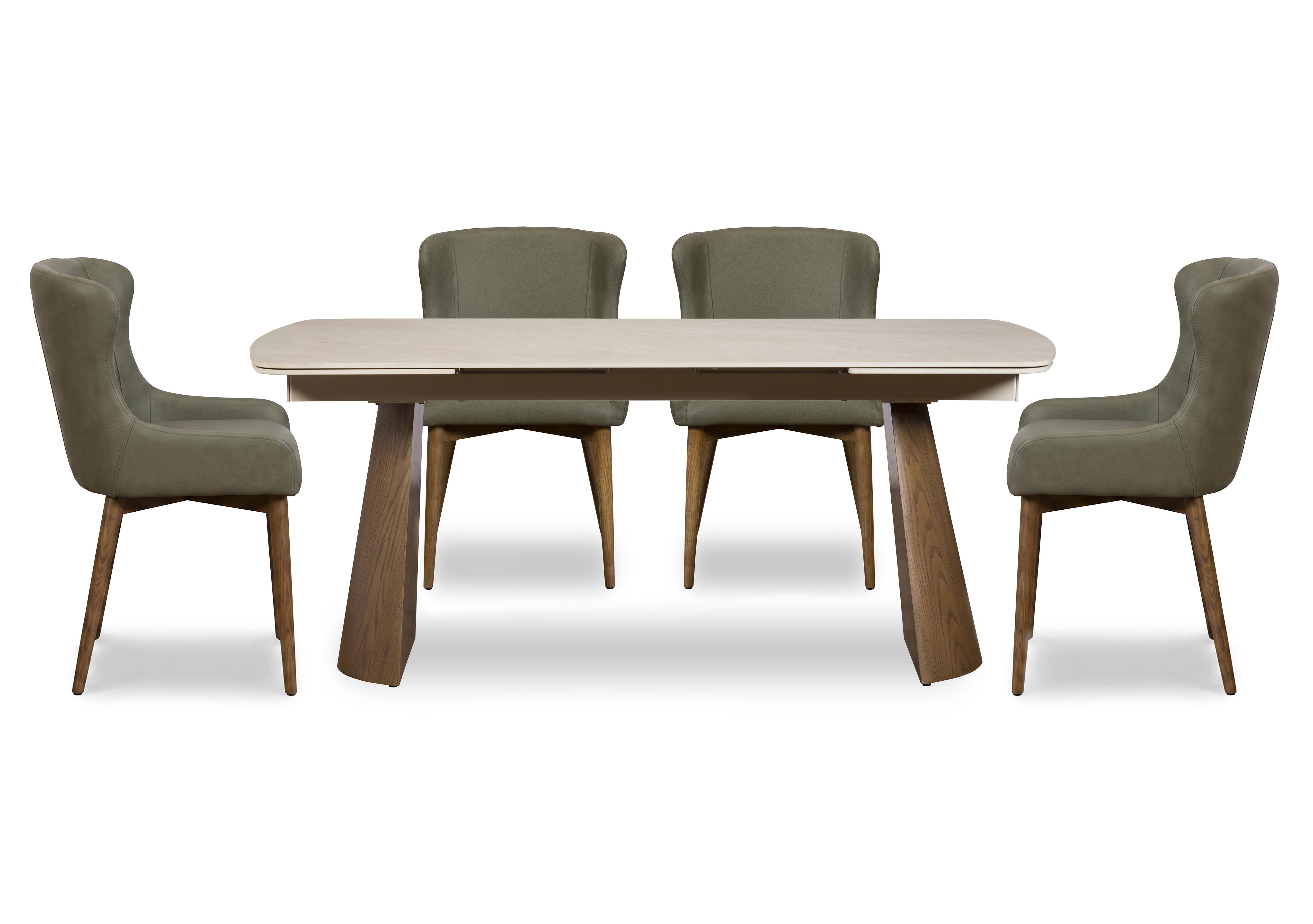 Sansa Rectangular Draw Leaf Extending Dining Table and 4 Faux Leather Dining Chairs with Wooden Legs in Green on Furniture Village