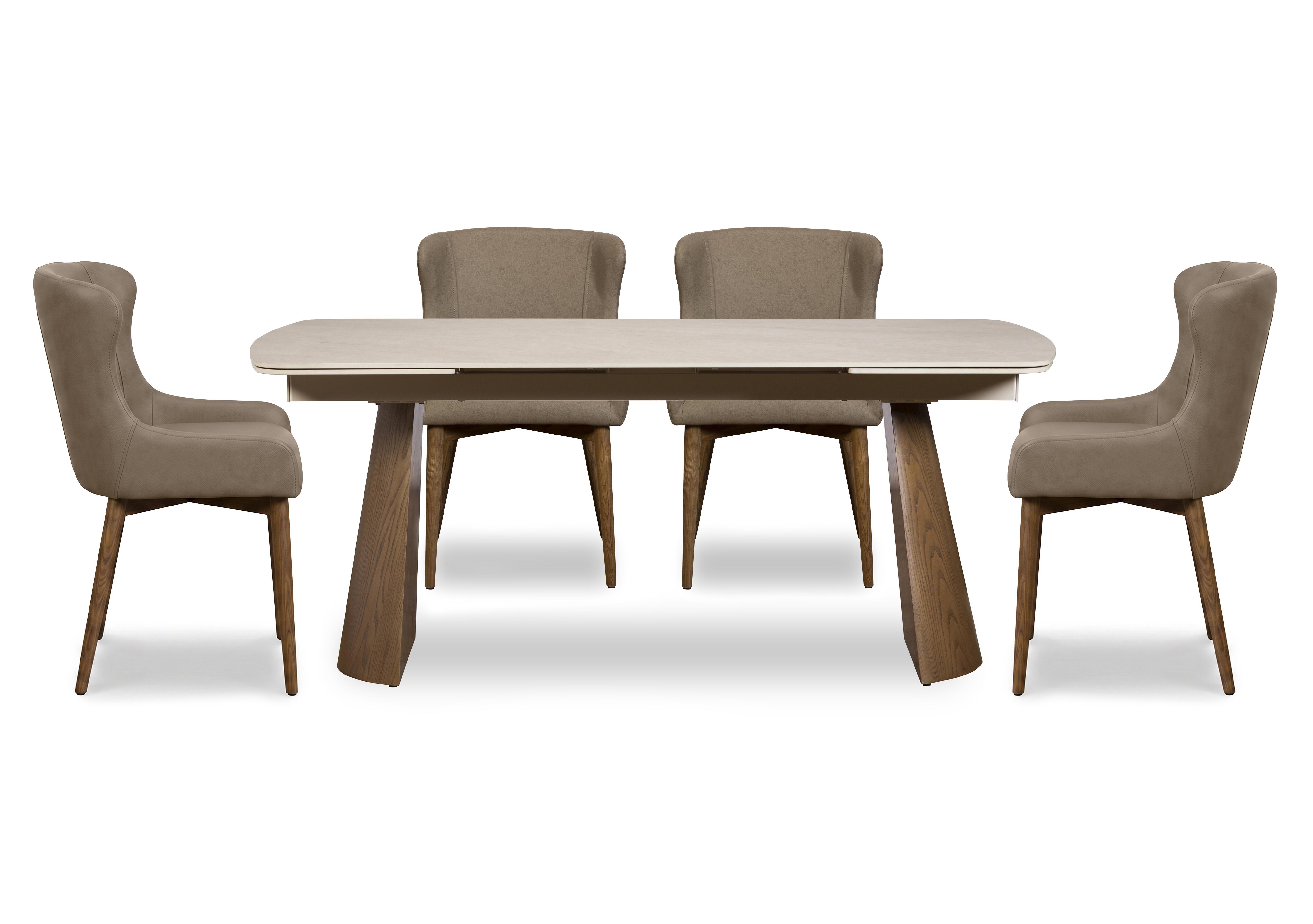 Sansa Rectangular Draw Leaf Extending Dining Table and 4 Faux Leather Dining Chairs with Wooden Legs in Taupe on Furniture Village