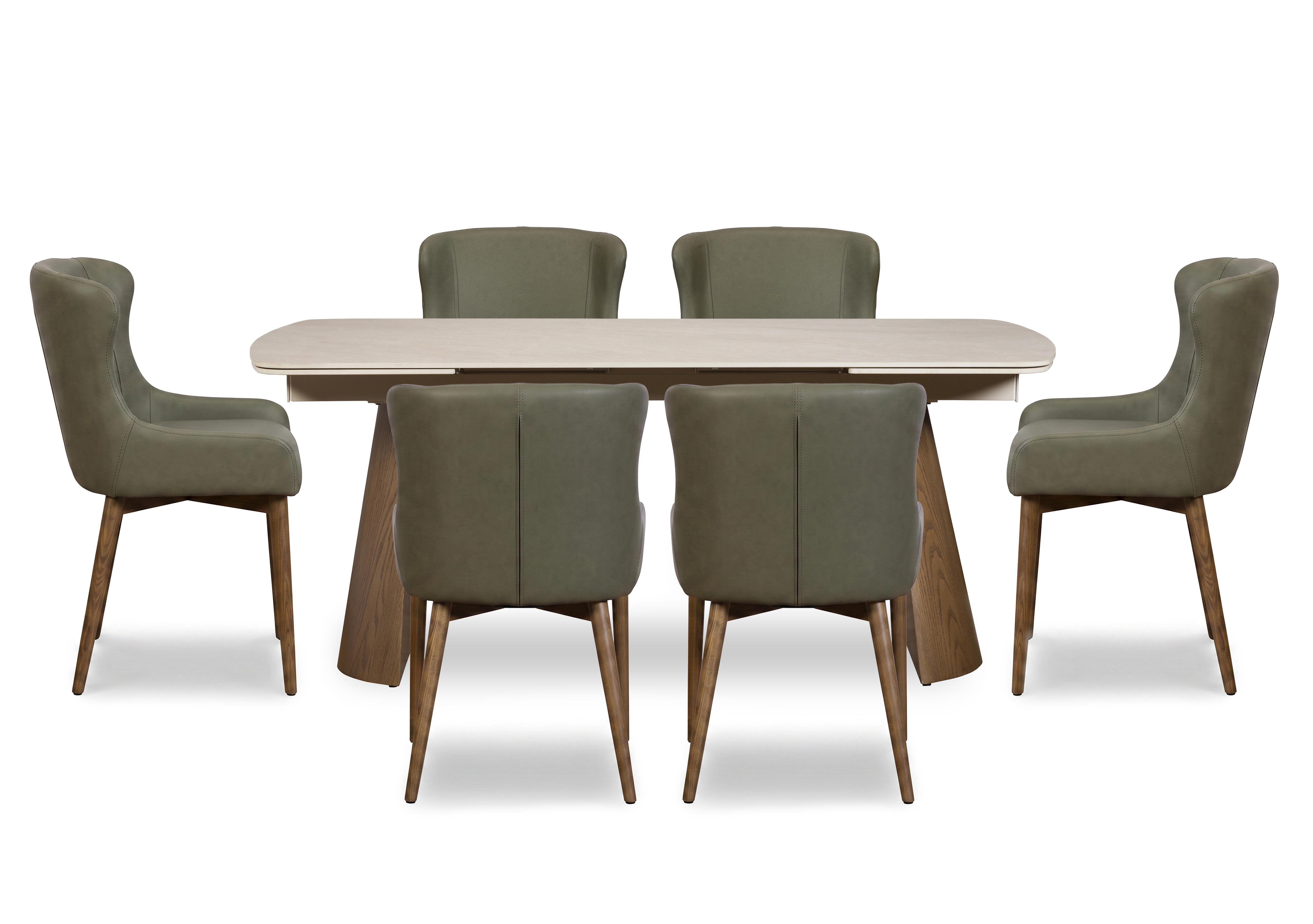 Sansa Rectangular Draw Leaf Extending Dining Table and 6 Faux Leather Dining Chairs with Wooden Legs in Green on Furniture Village