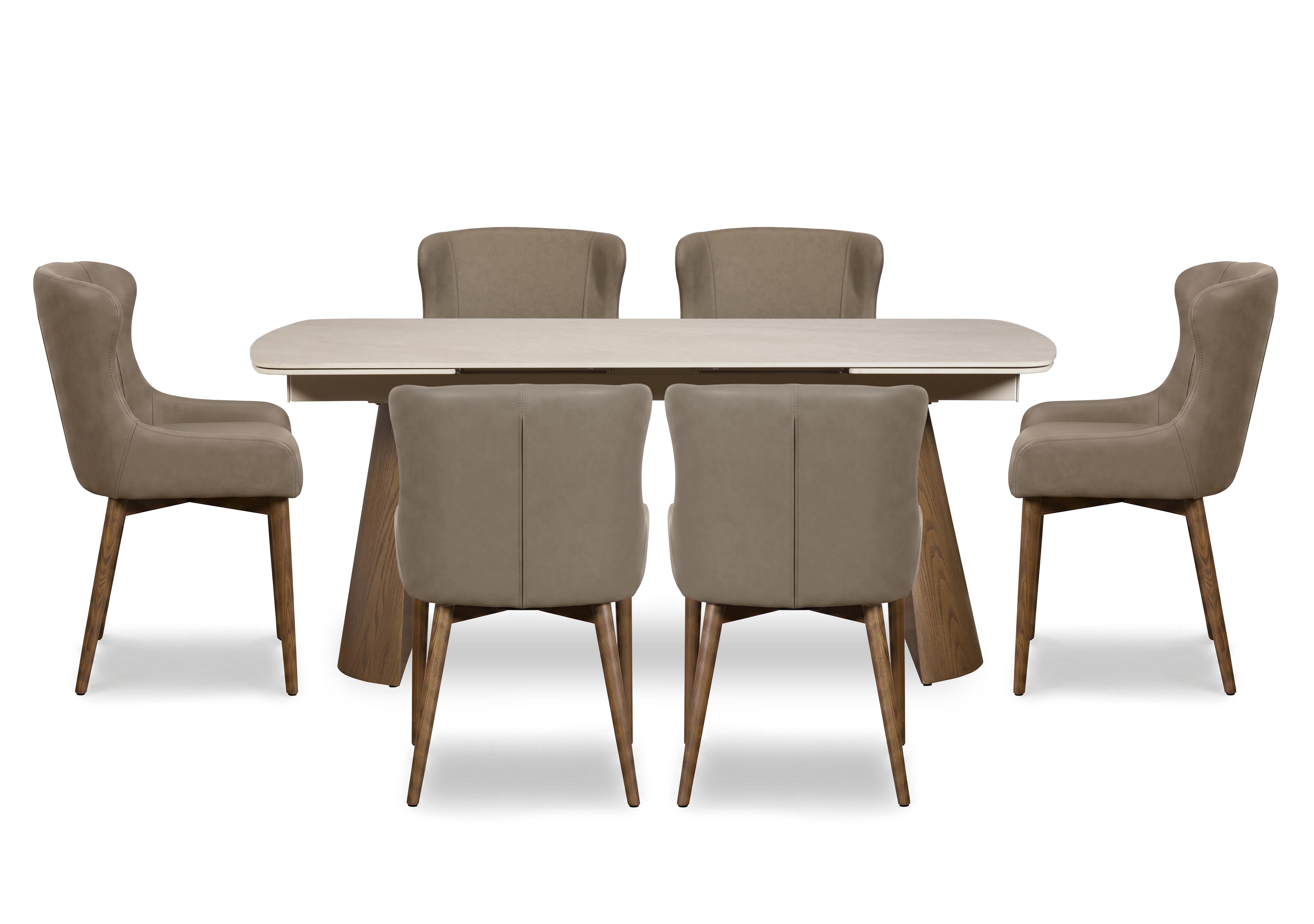 Sansa Rectangular Draw Leaf Extending Dining Table and 6 Faux Leather Dining Chairs with Wooden Legs in Taupe on Furniture Village