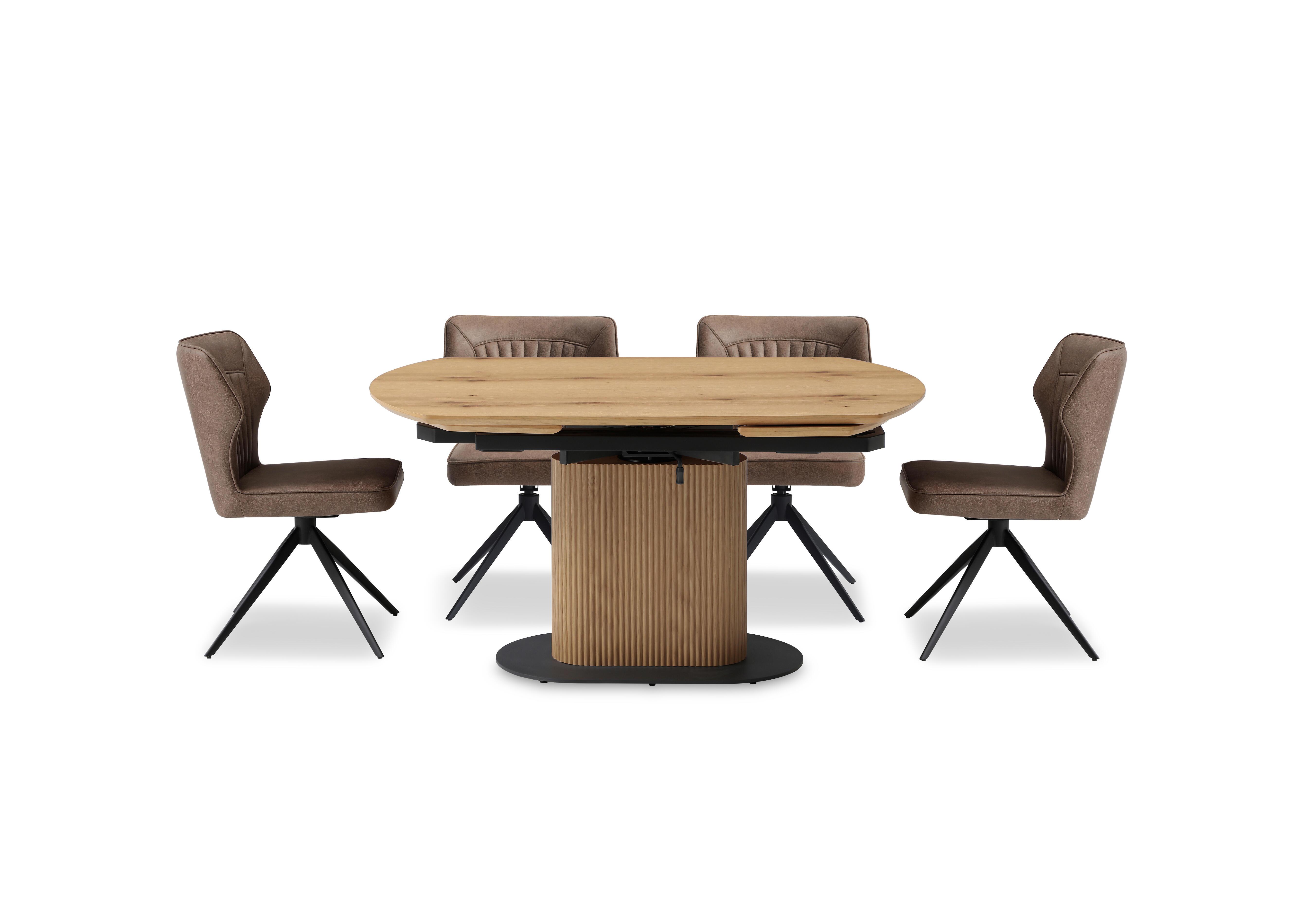 Jayden Swivel Extending Dining Table and 4 Faux Leather Swivel Dining Chairs in Light Brown on Furniture Village
