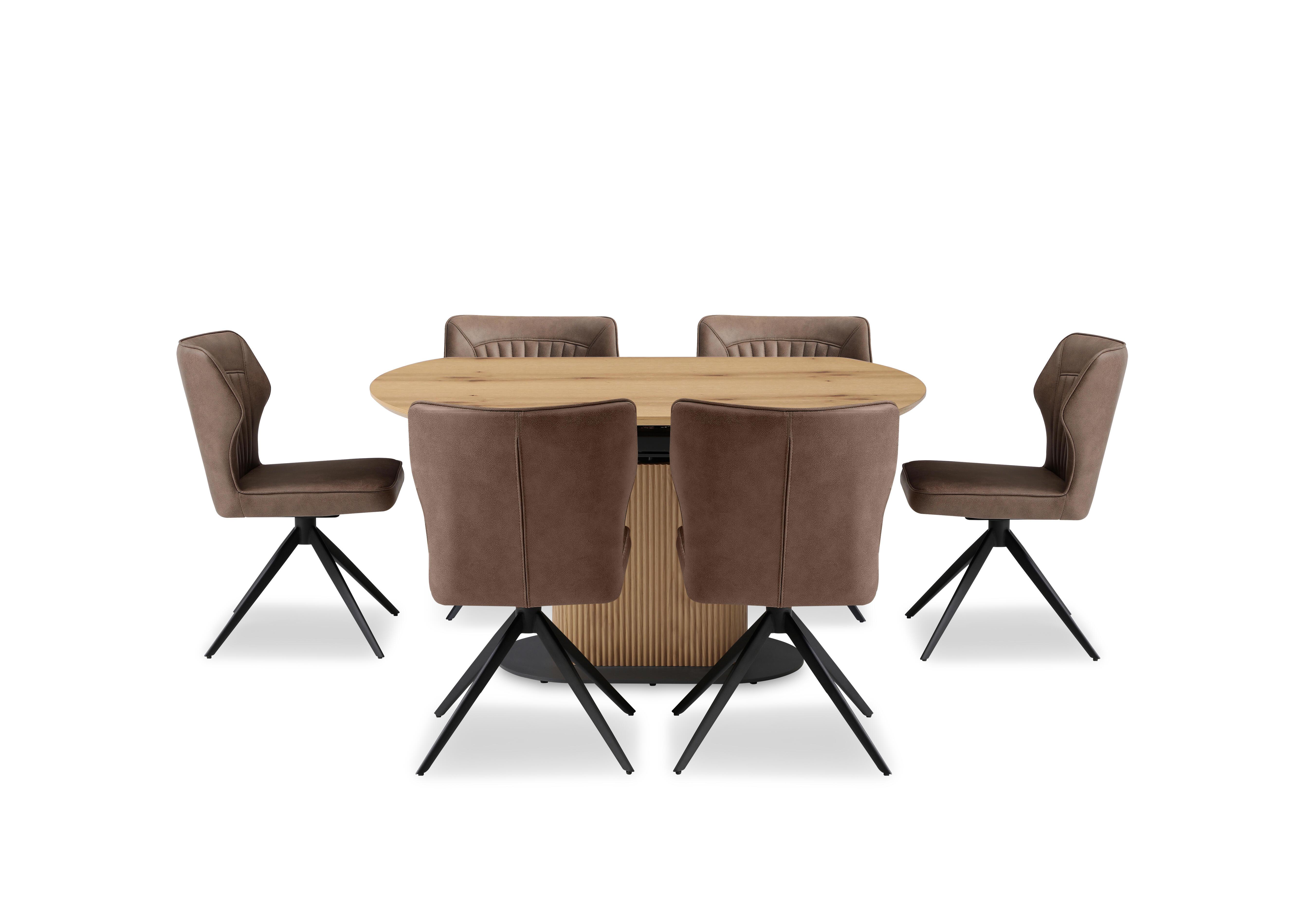 Jayden Swivel Extending Dining Table and 6 Faux Leather Swivel Dining Chairs in Light Brown on Furniture Village