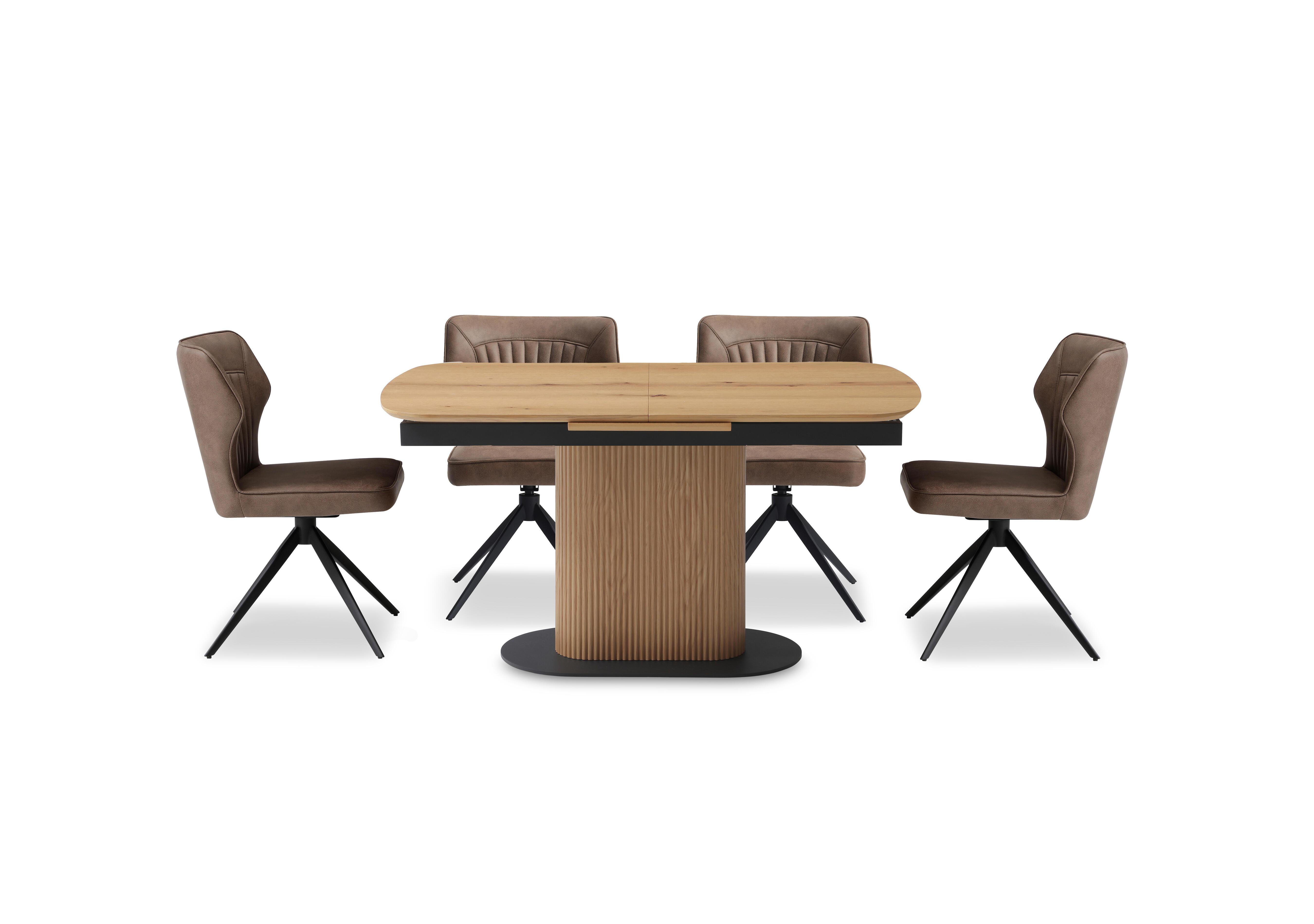 Jayden Pop Up Extending Dining Table and 4 Faux Leather Swivel Dining Chairs in Light Brown on Furniture Village