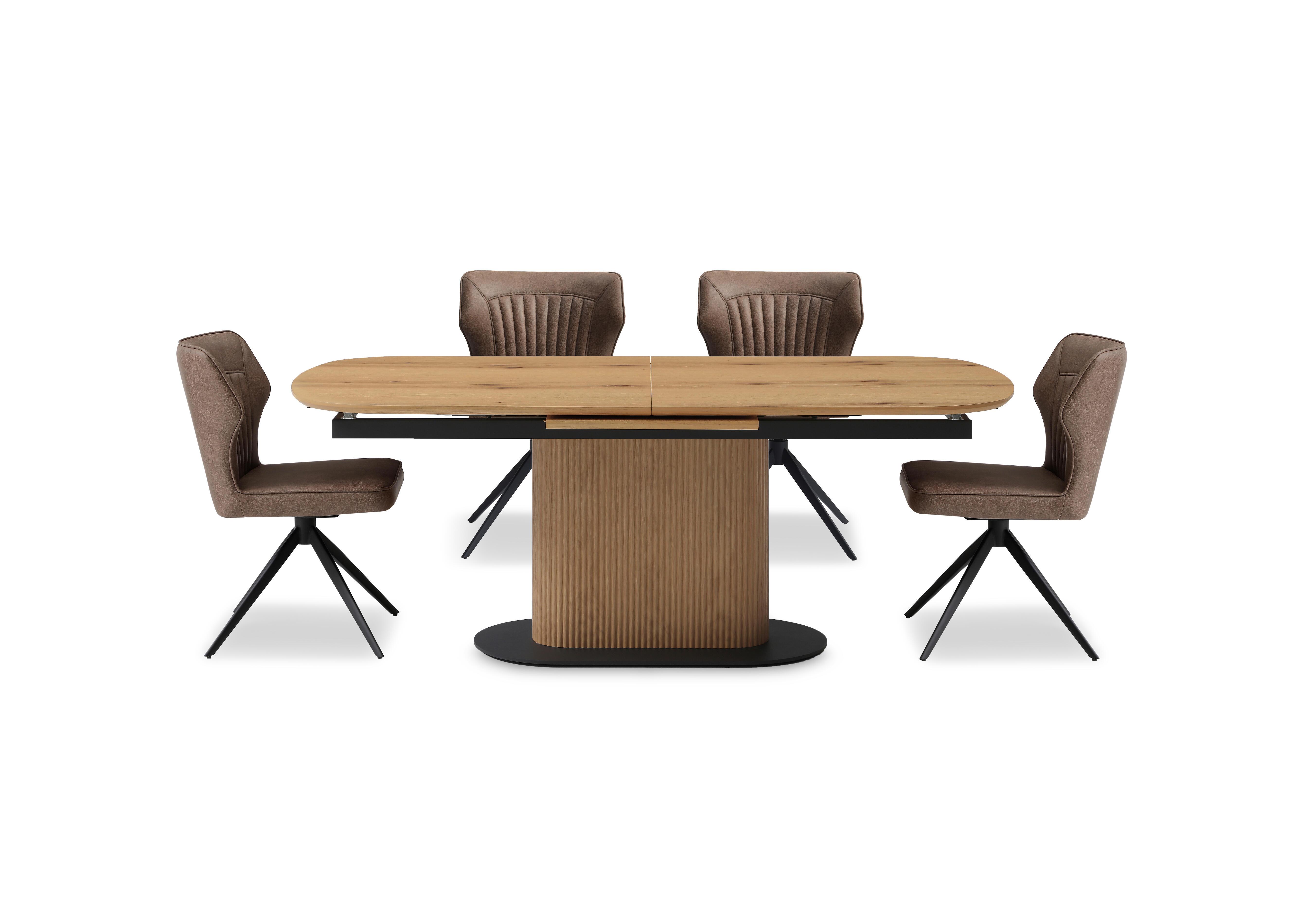 Jayden Pop Up Extending Dining Table and 4 Faux Leather Swivel Dining Chairs in Light Brown on Furniture Village