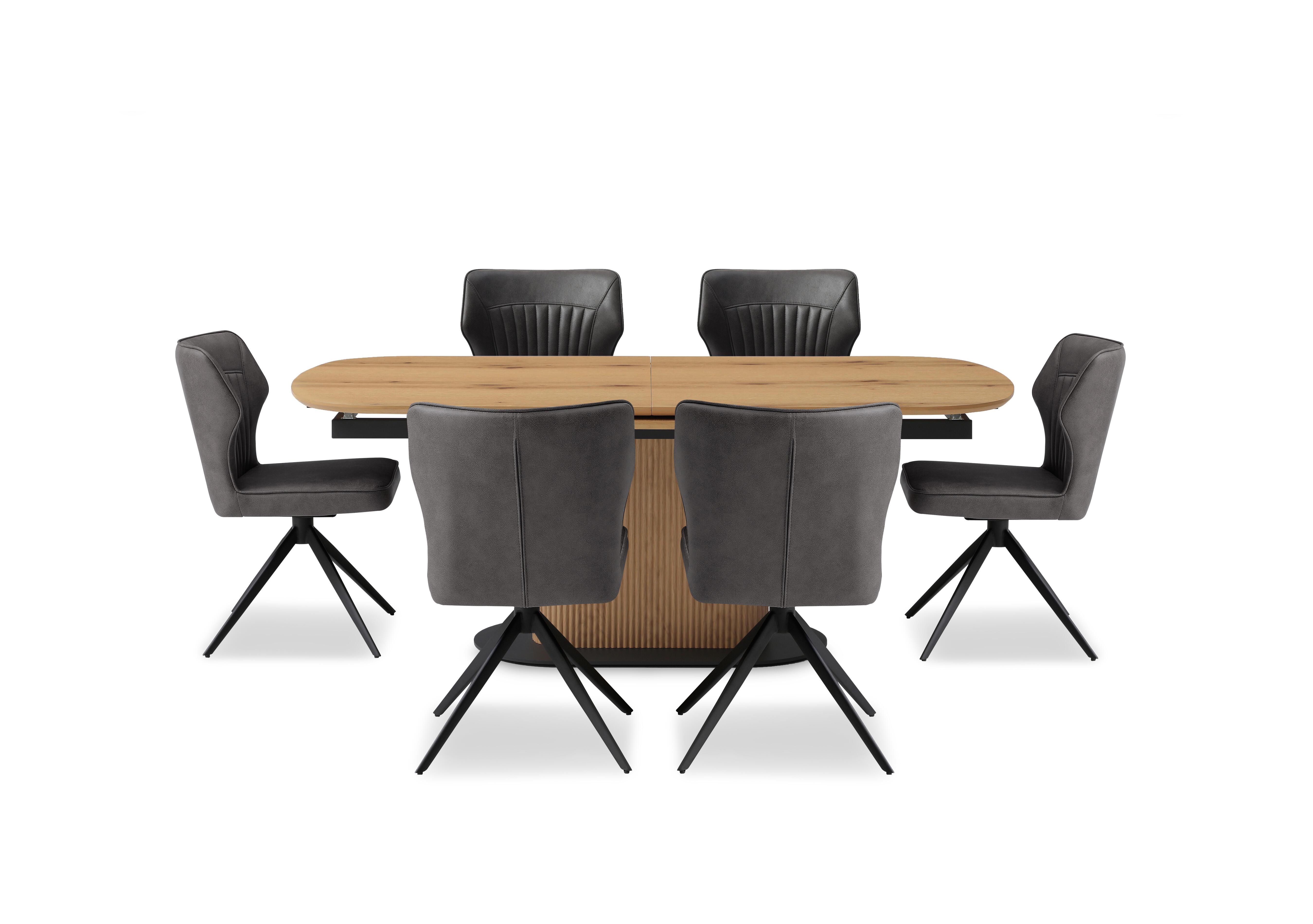 Jayden Pop Up Extending Dining Table and 6 Faux Leather Swivel Dining Chairs in Dark Grey on Furniture Village