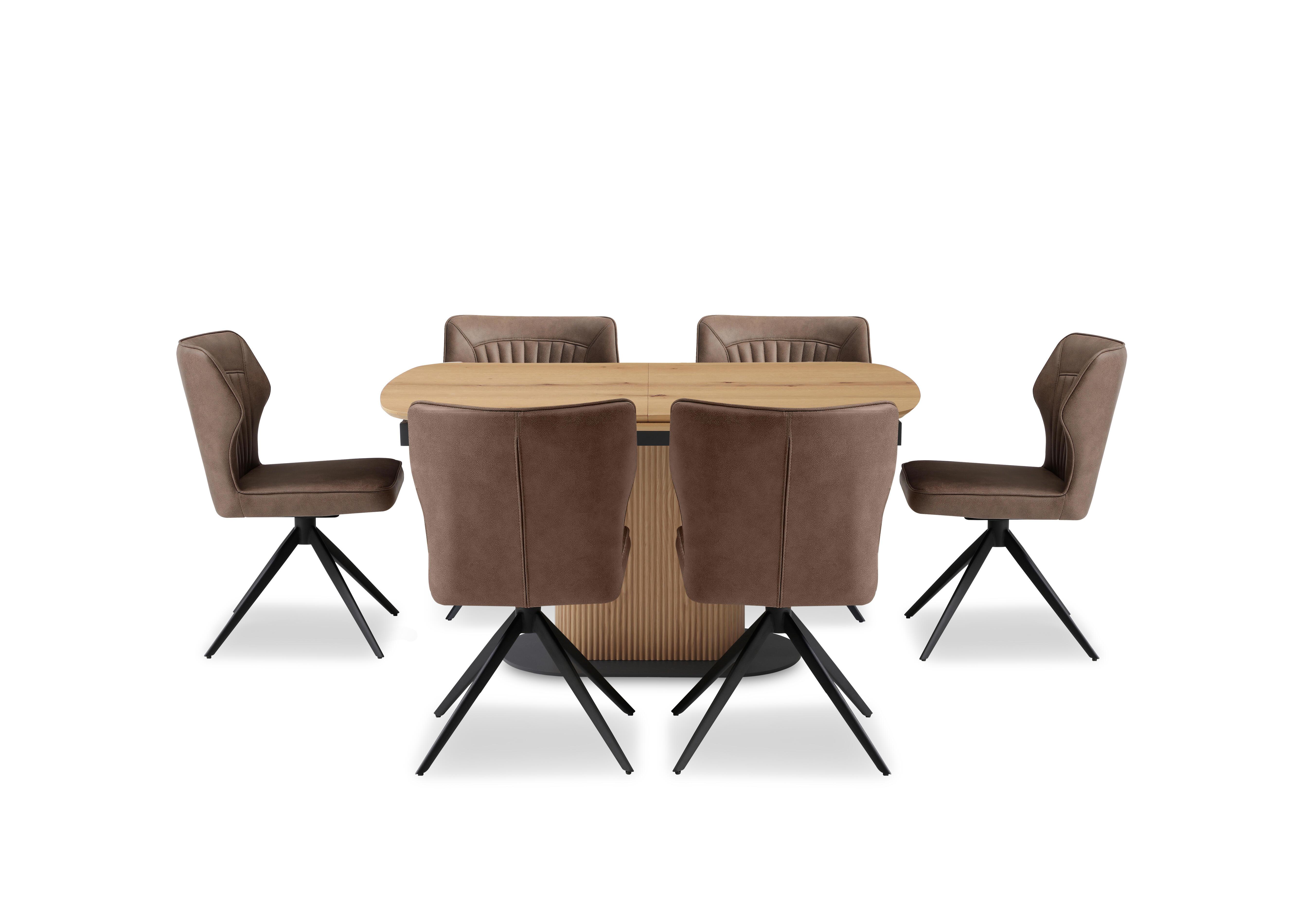 Jayden Pop Up Extending Dining Table and 6 Faux Leather Swivel Dining Chairs in Light Brown on Furniture Village