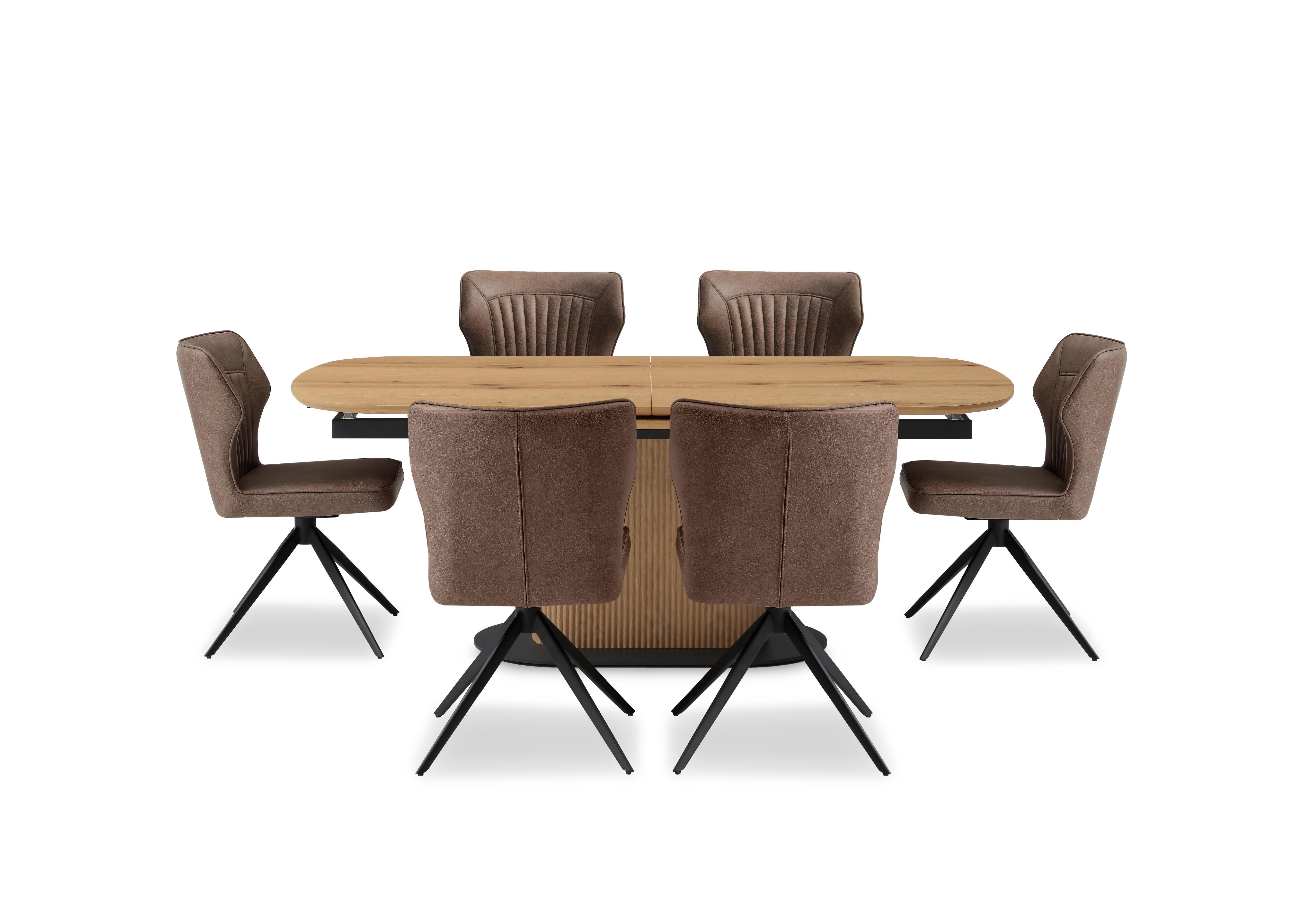 Jayden Pop Up Extending Dining Table and 6 Faux Leather Swivel Dining Chairs in Light Brown on Furniture Village
