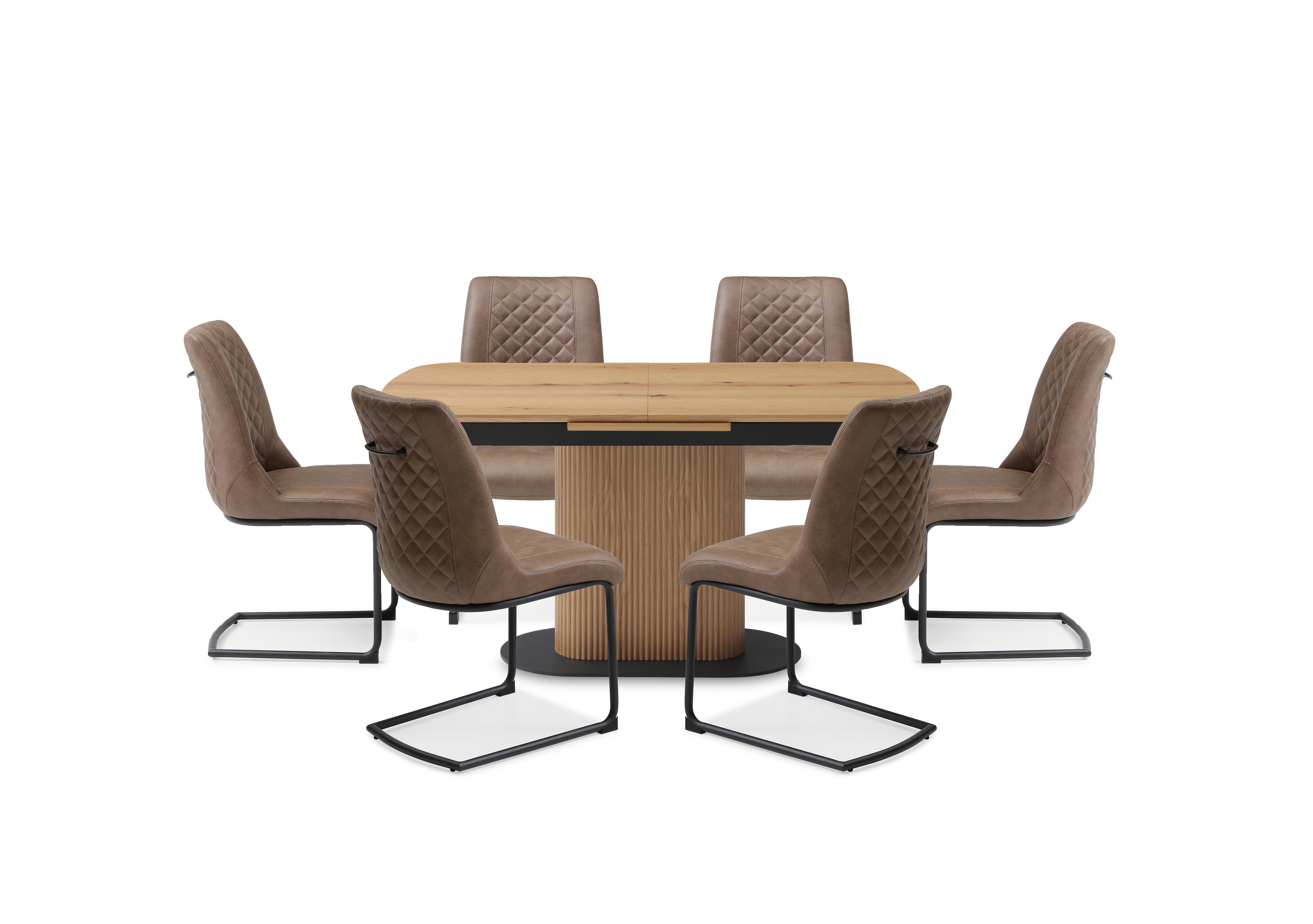 Jayden Pop Up Extending Dining Table and 6 Faux Leather Cantilever Dining Chairs in Light Brown on Furniture Village