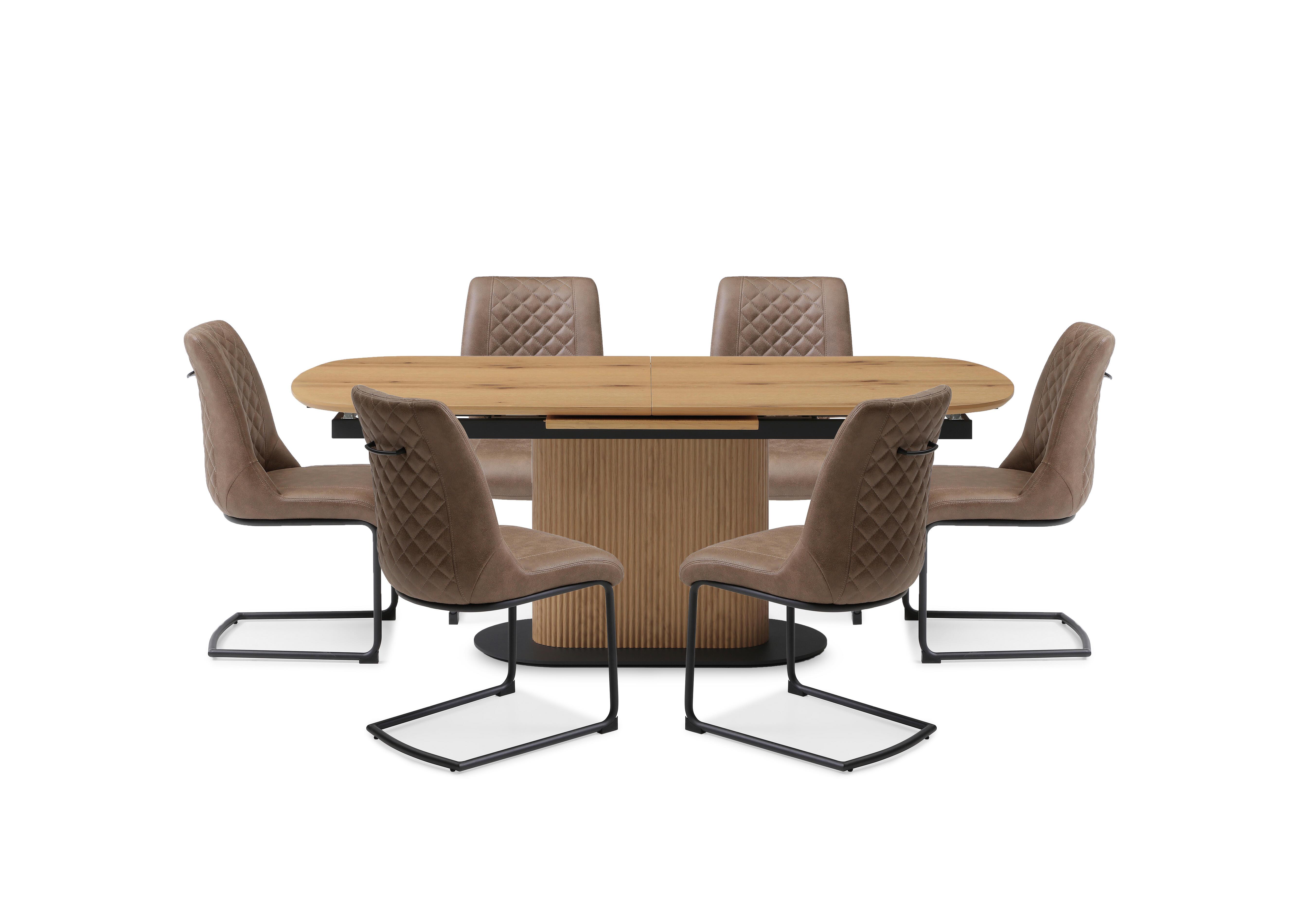 Jayden Pop Up Extending Dining Table and 6 Faux Leather Cantilever Dining Chairs in Light Brown on Furniture Village