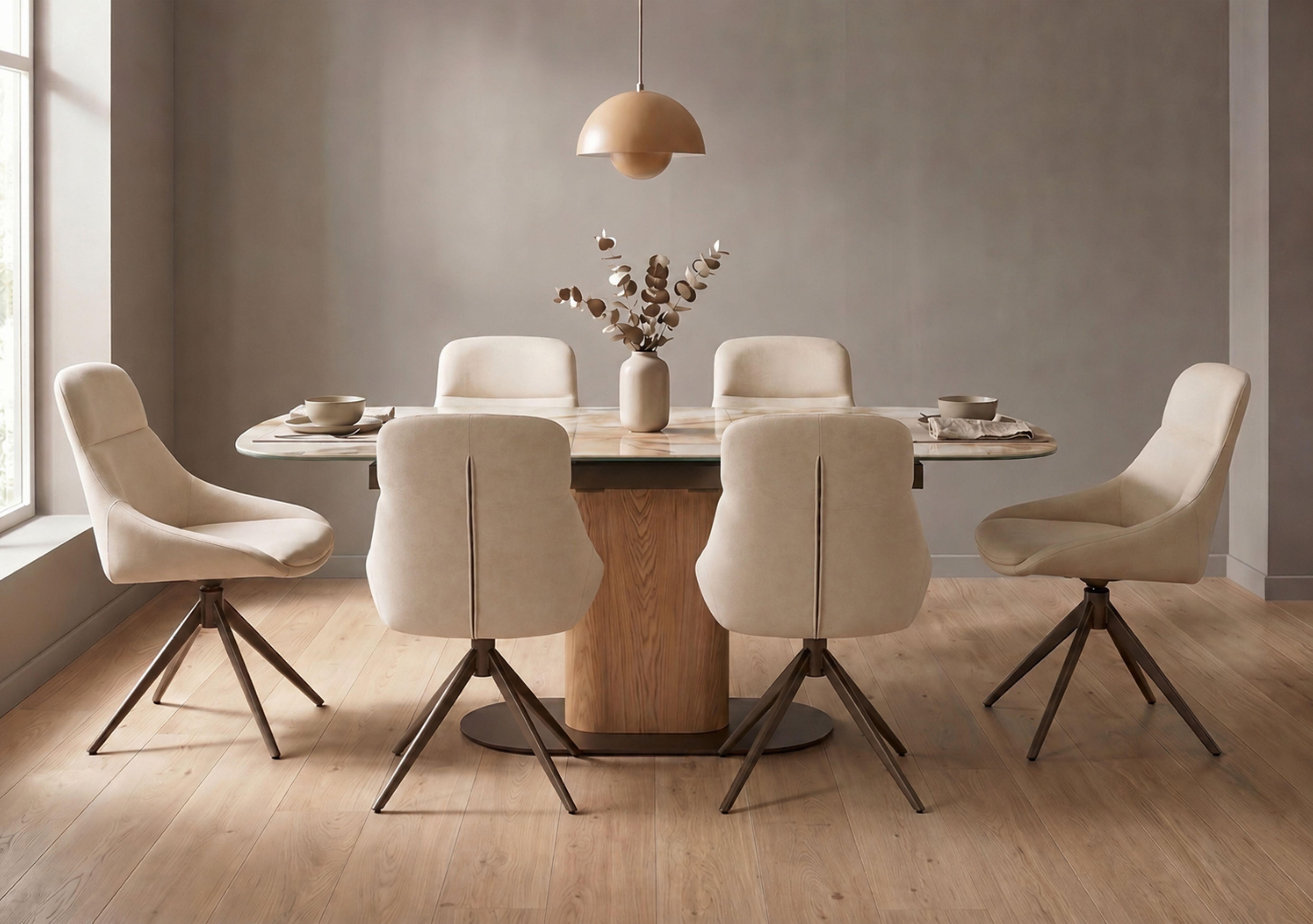Arno Pop Up Extending Dining Table and 6 Faux Leather Swivel Dining Chairs in  on Furniture Village