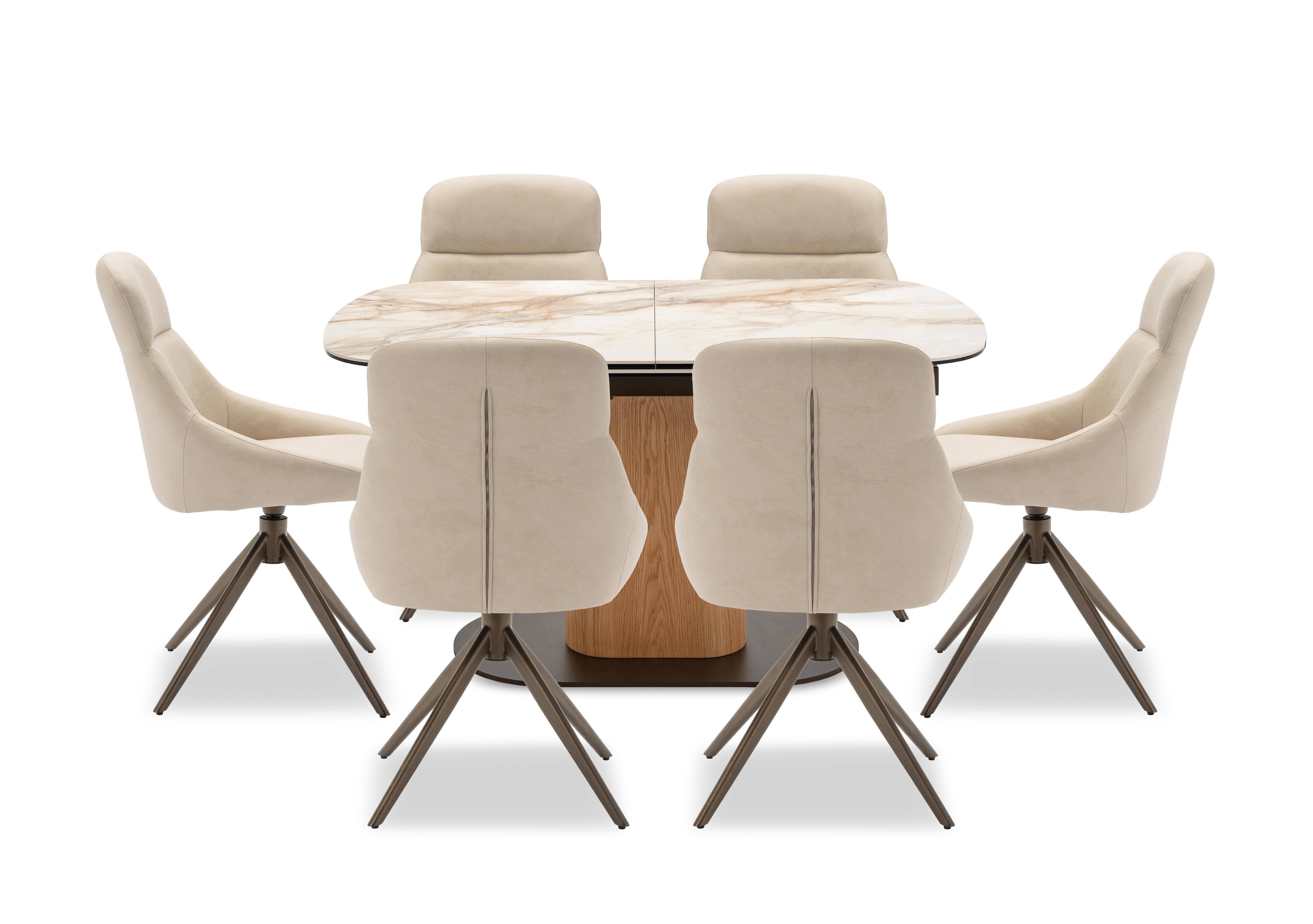 Arno Pop Up Extending Dining Table and 6 Faux Leather Swivel Dining Chairs in Stone on Furniture Village