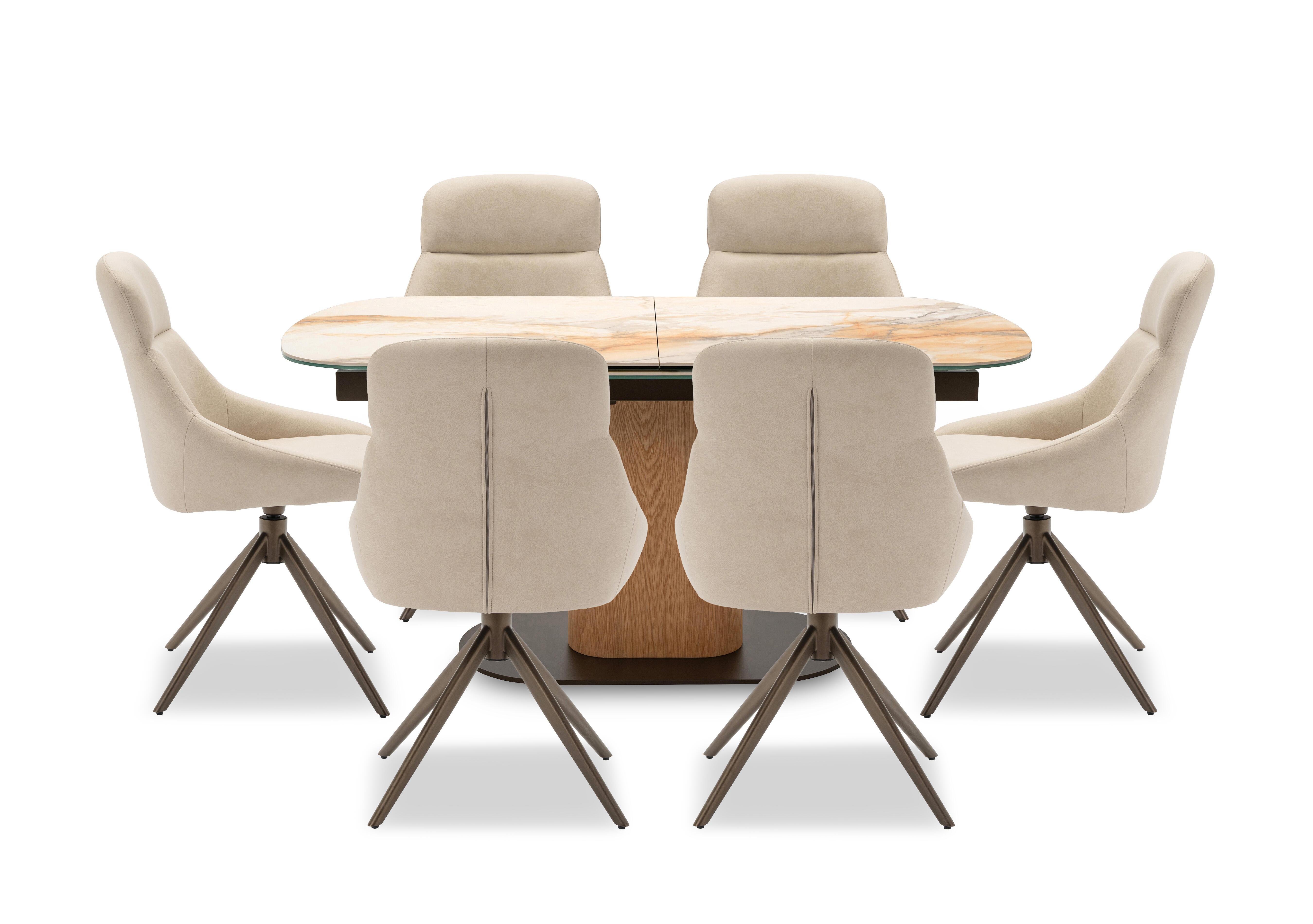 Arno Pop Up Extending Dining Table and 6 Faux Leather Swivel Dining Chairs in Stone on Furniture Village