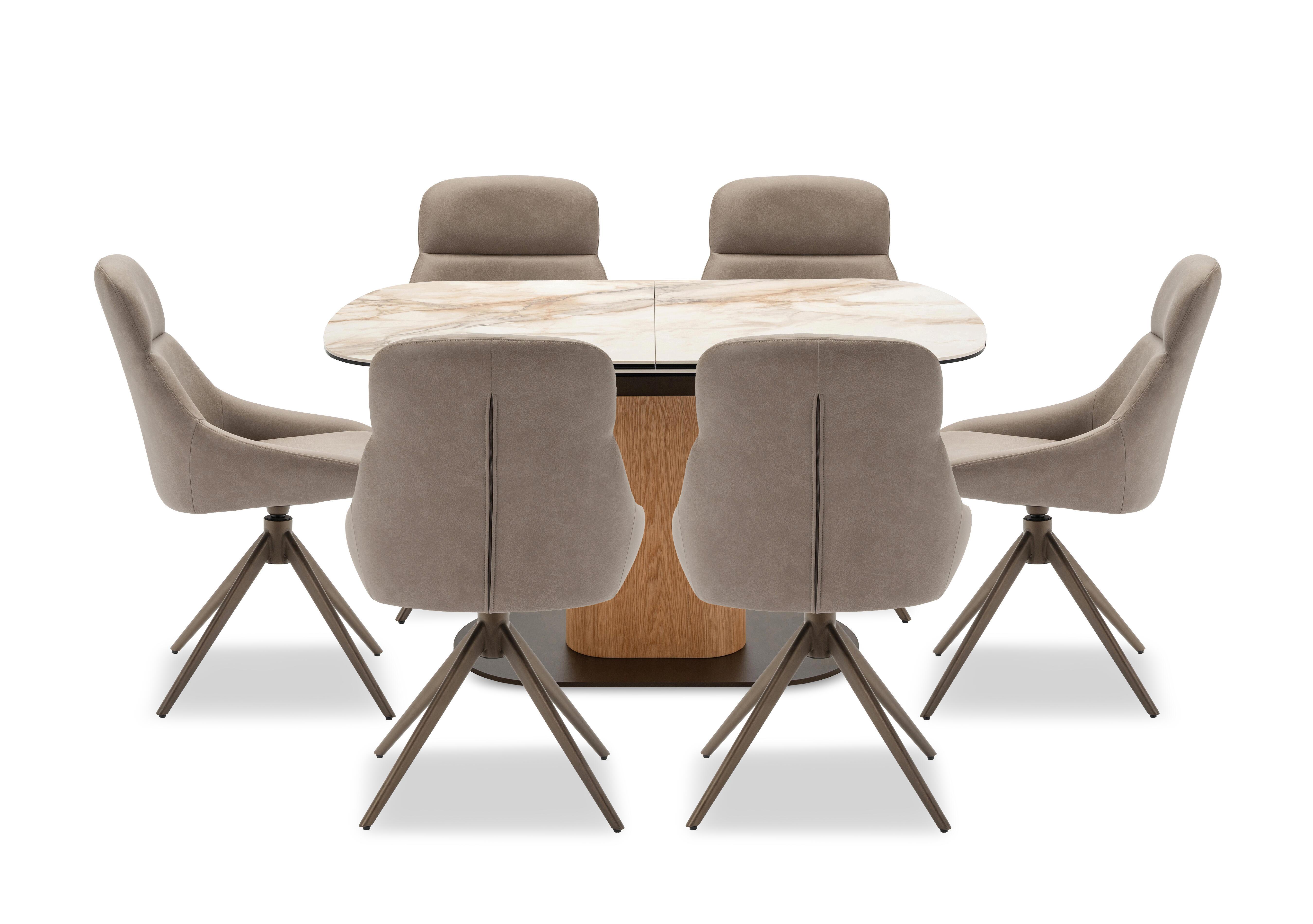 Arno Pop Up Extending Dining Table and 6 Faux Leather Swivel Dining Chairs in Truffle on Furniture Village