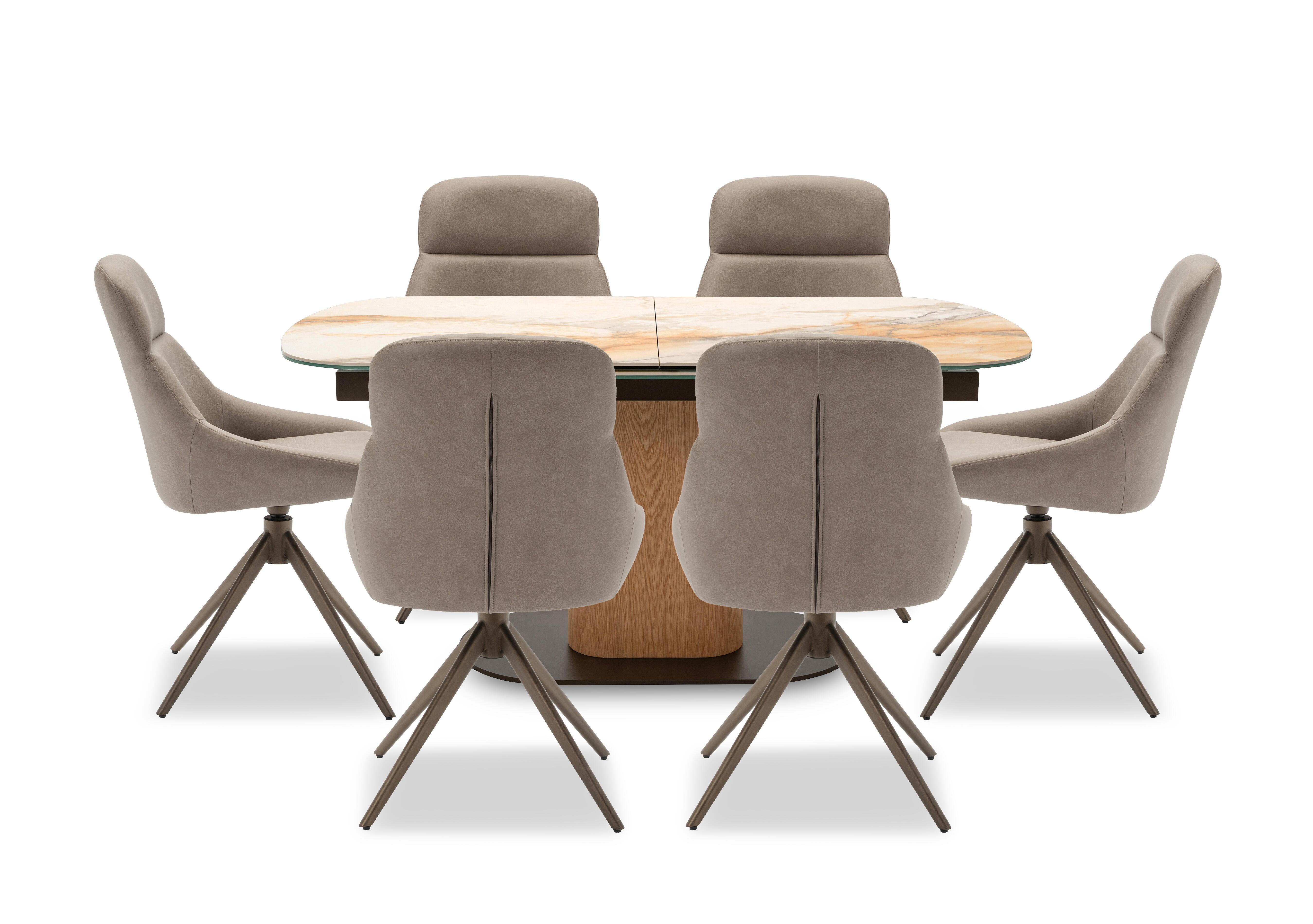 Arno Pop Up Extending Dining Table and 6 Faux Leather Swivel Dining Chairs in Truffle on Furniture Village