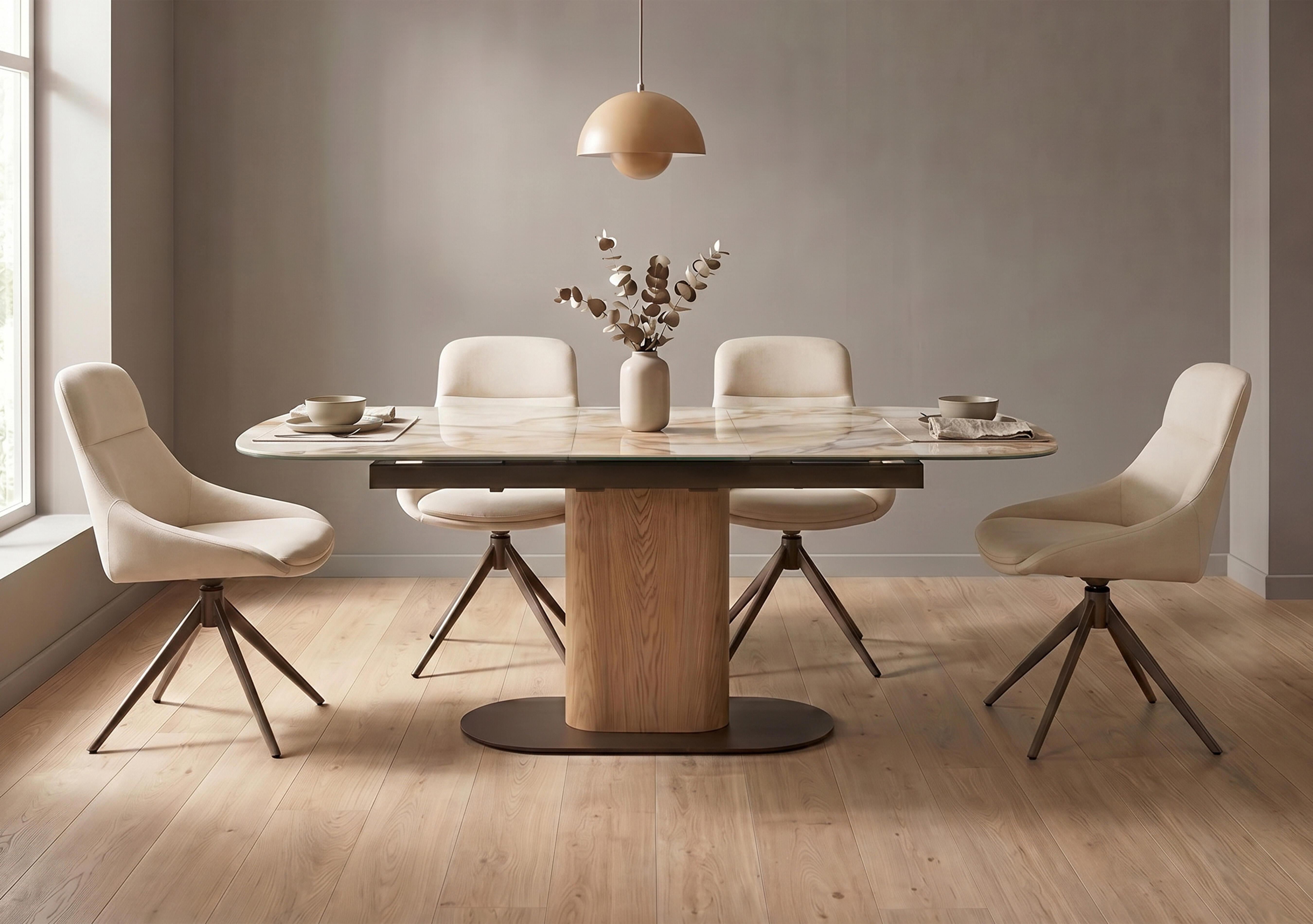 Arno Pop Up Extending Dining Table and 4 Faux Leather Swivel Dining Chairs in  on Furniture Village