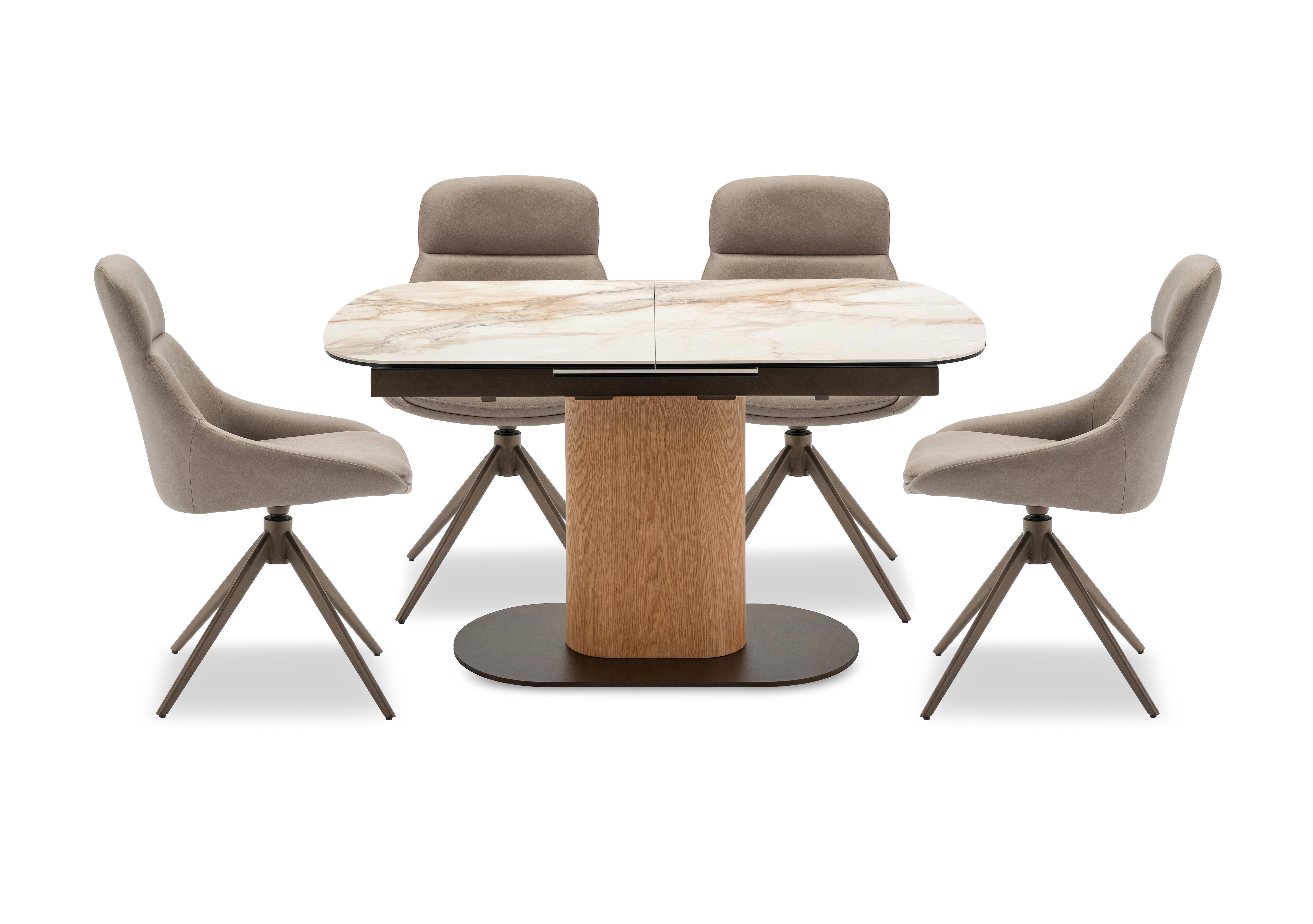 Arno Pop Up Extending Dining Table and 4 Faux Leather Swivel Dining Chairs in Truffle on Furniture Village