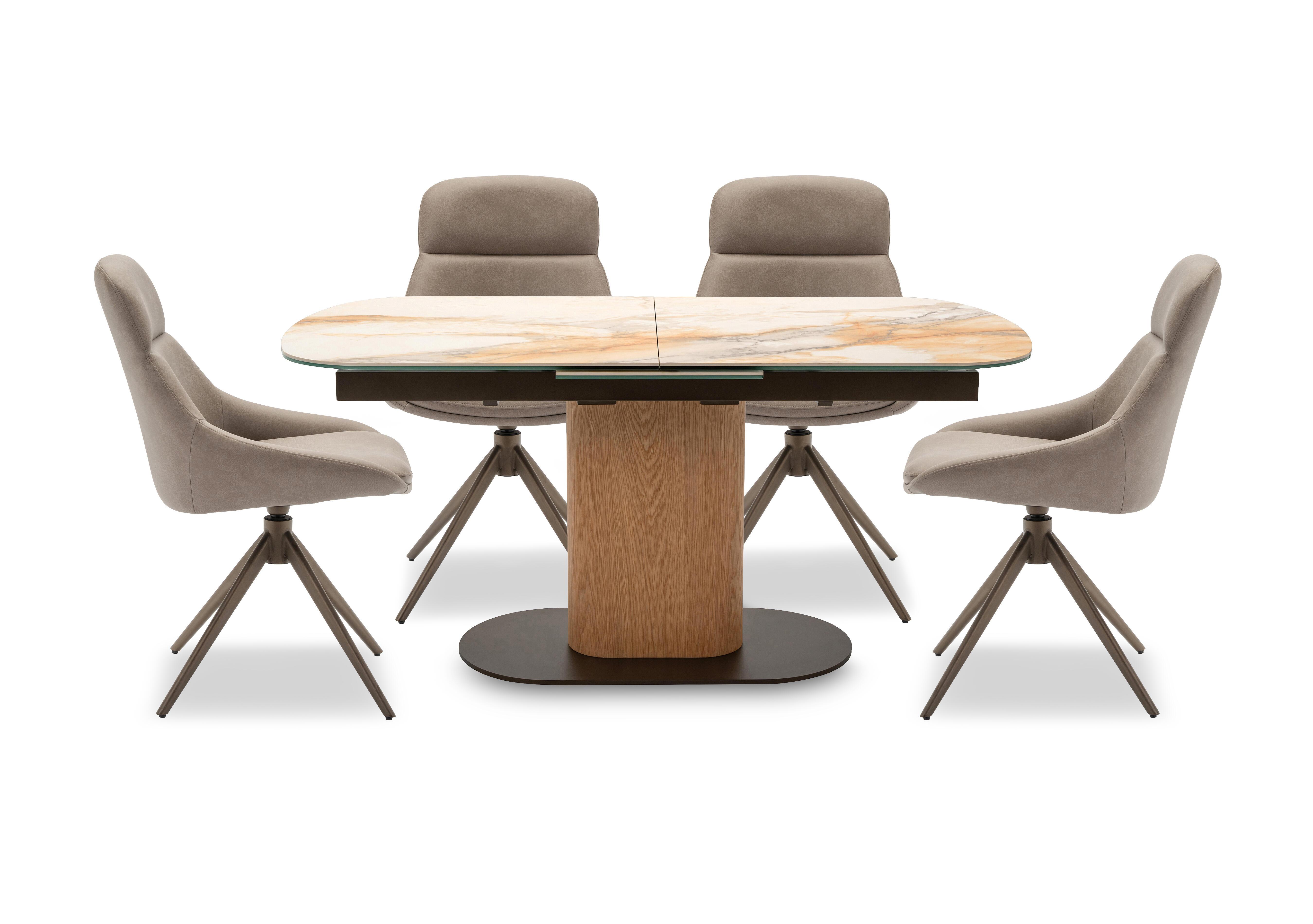 Arno Pop Up Extending Dining Table and 4 Faux Leather Swivel Dining Chairs in Truffle on Furniture Village