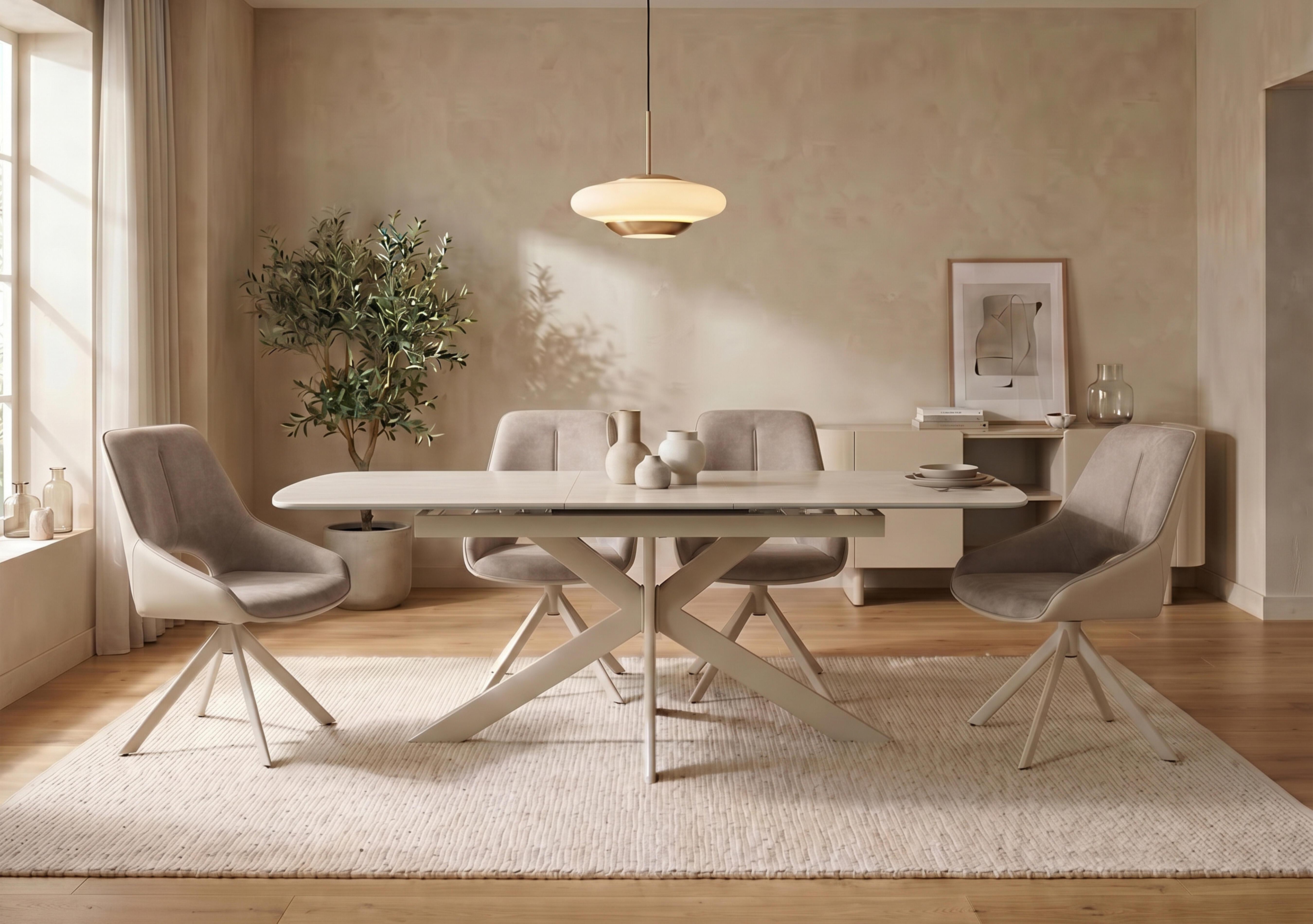 Tino Pop-up Extending Dining Table and 4 Two Tone Swivel Dining Chairs in  on Furniture Village